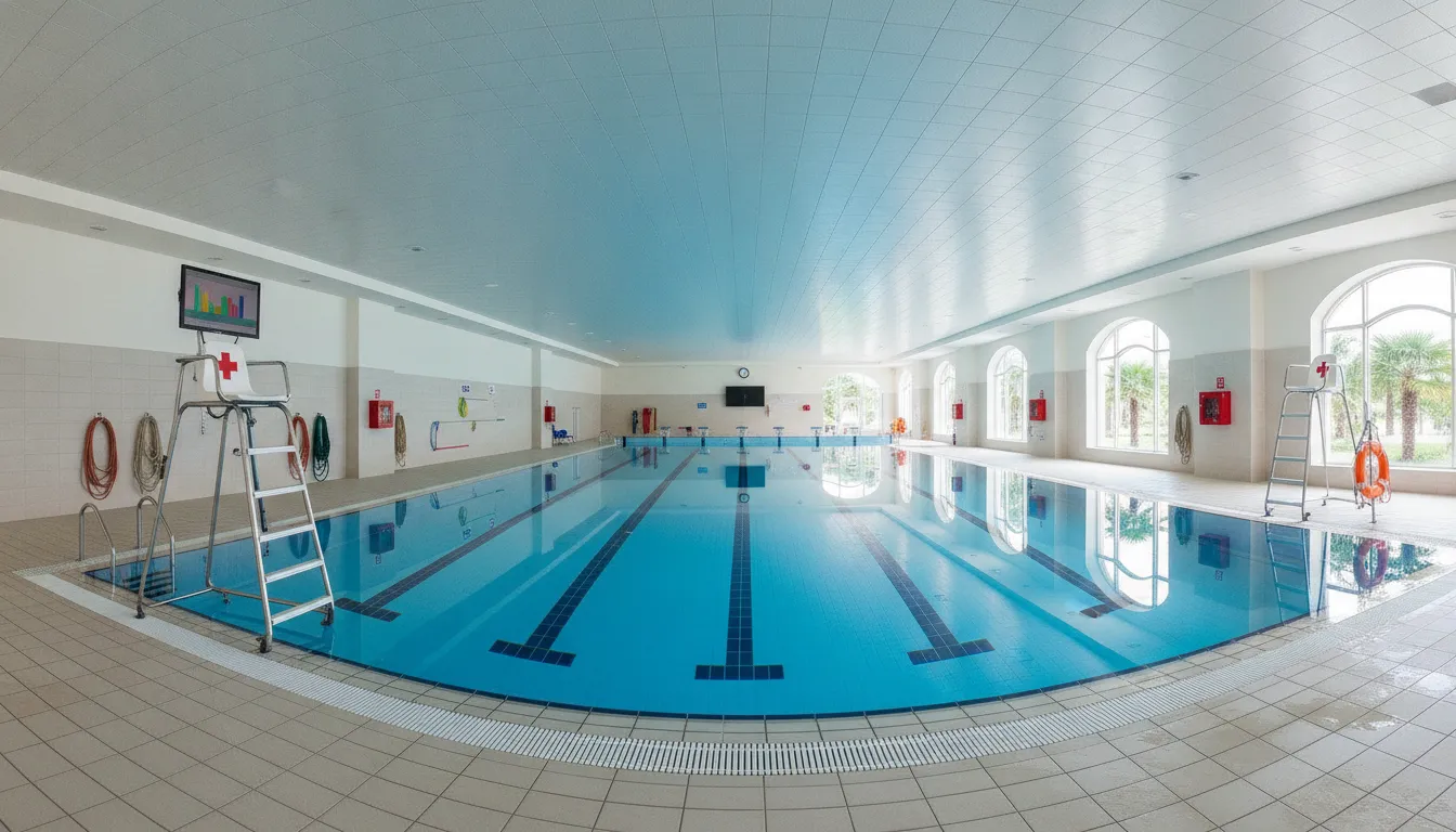 Commercial pool facility with modern safety equipment and monitoring
