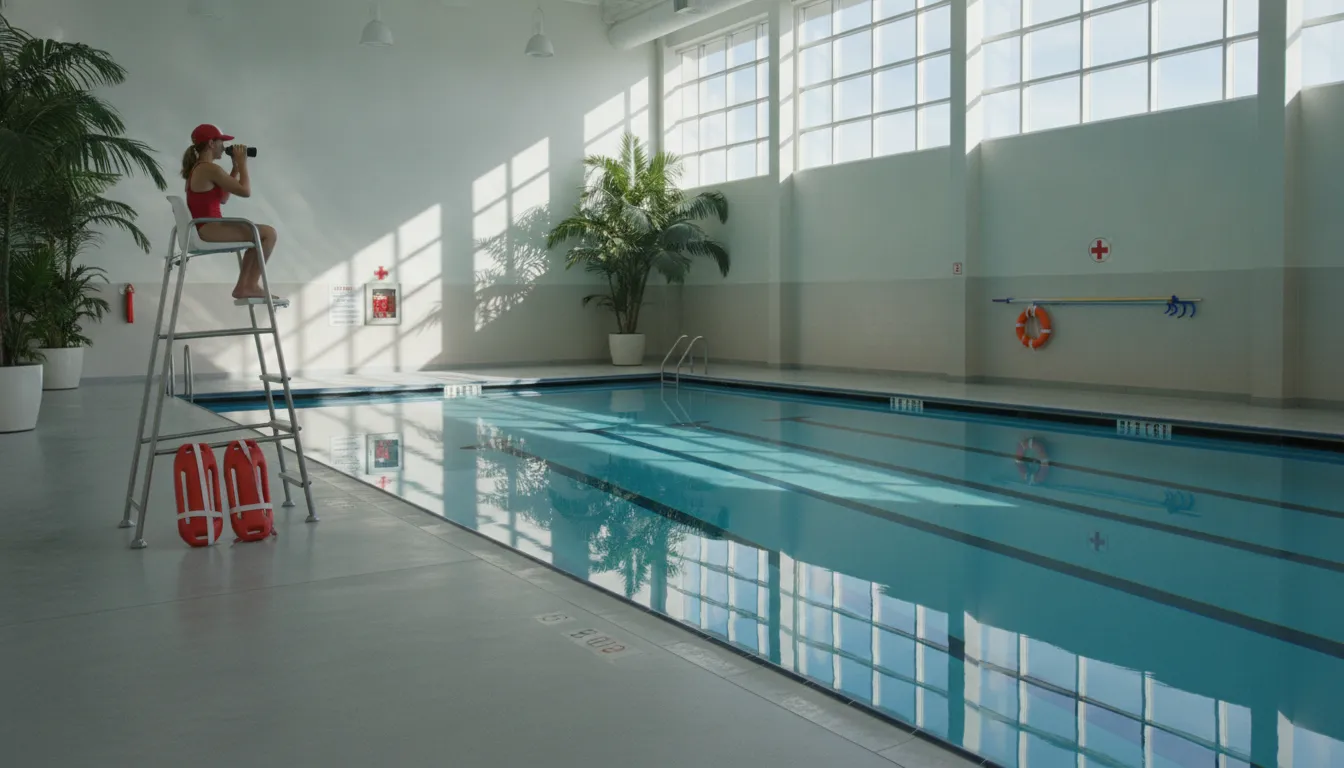 Commercial swimming pool with lifeguard safety equipment arranged around the deck
