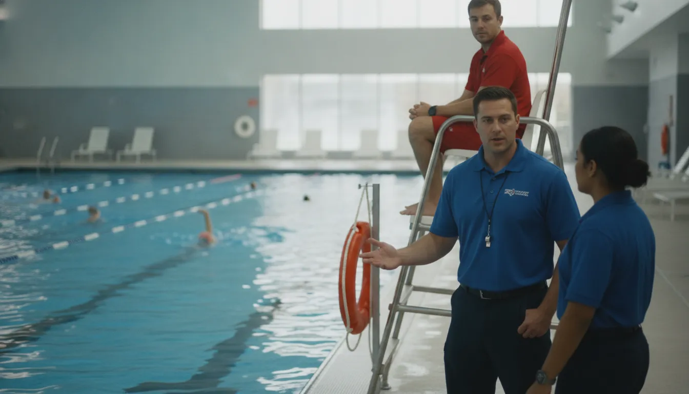 Aquatics director and lifeguard team evaluating pool safety equipment