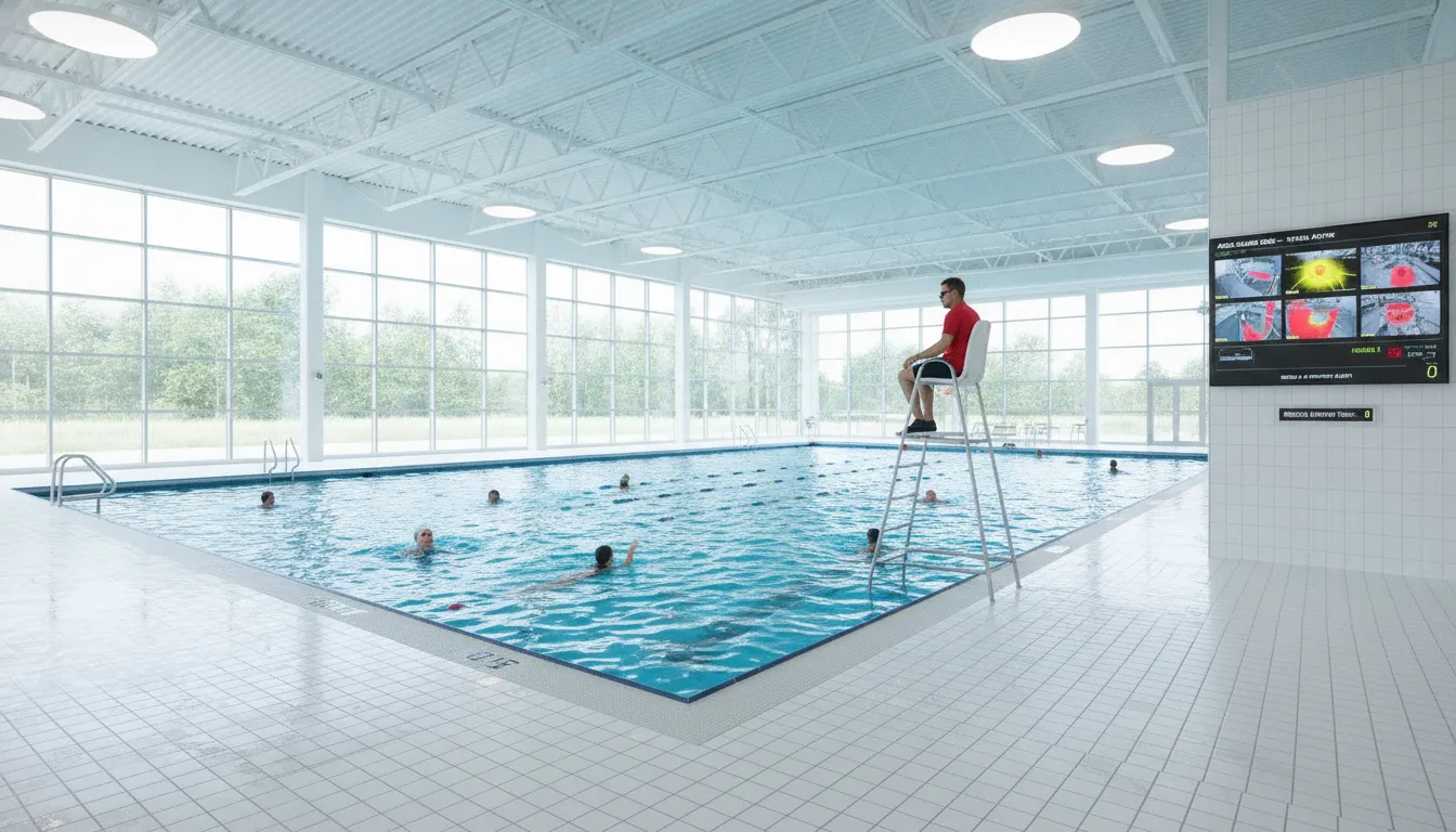 Indoor aquatic facility with lifeguard monitoring swimmers and safety technology