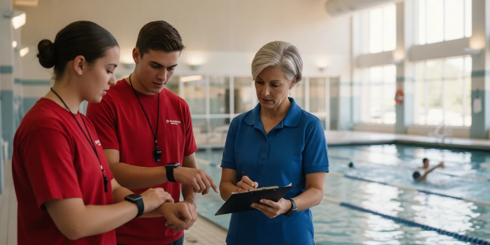 Aquatics director reviewing a pool safety pilot plan with lifeguards at an indoor pool