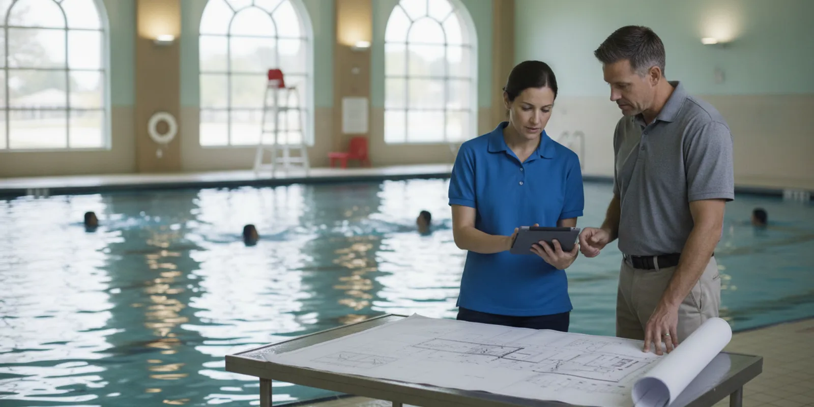 Aquatics director reviewing pool safety technology plans beside an indoor community pool