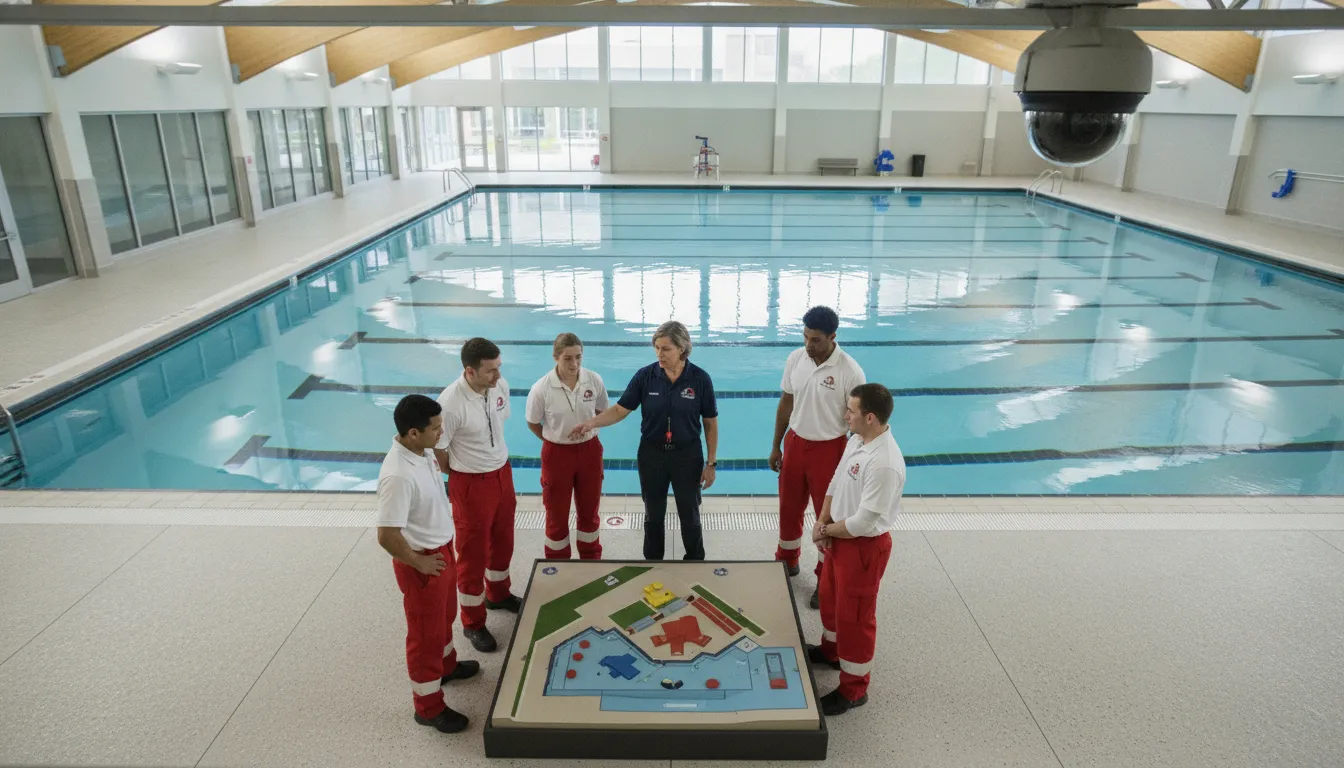 Aquatics director and lifeguard team reviewing pool surveillance planning