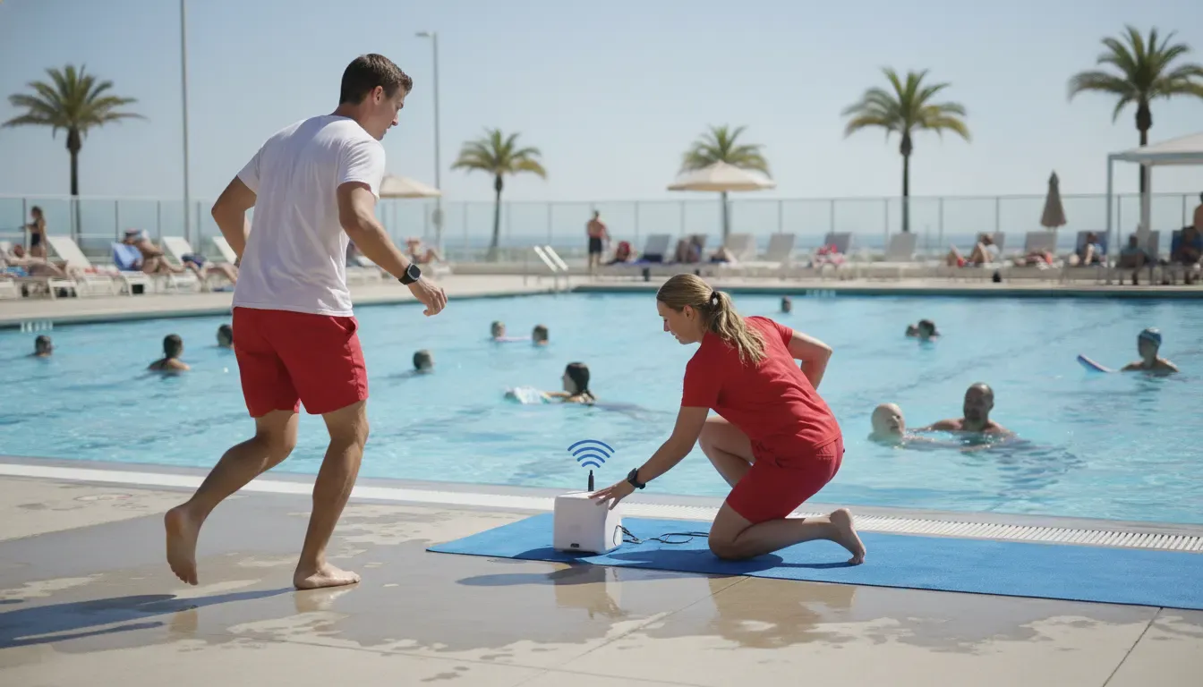 Lifeguard team practicing a wireless drowning detection alert workflow