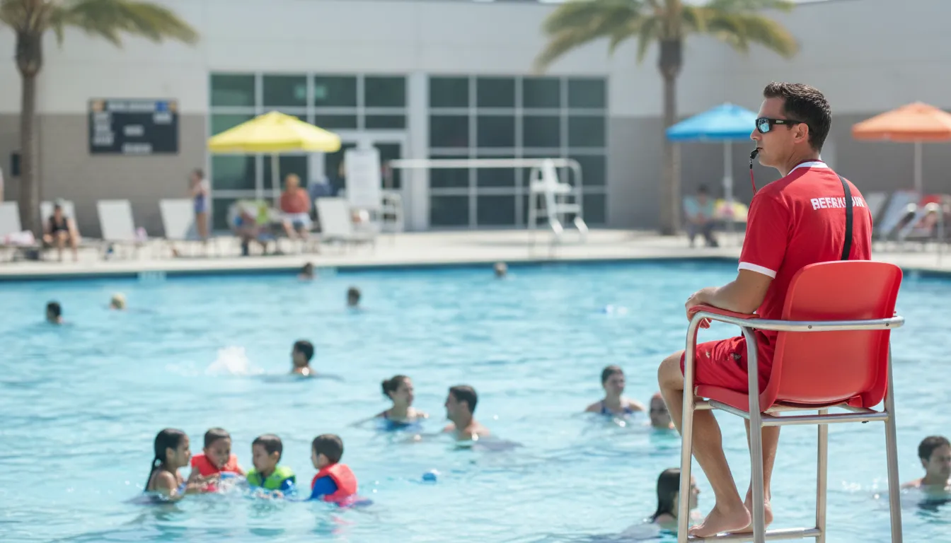 Lifeguard supervising swimmers at a sunny public community pool