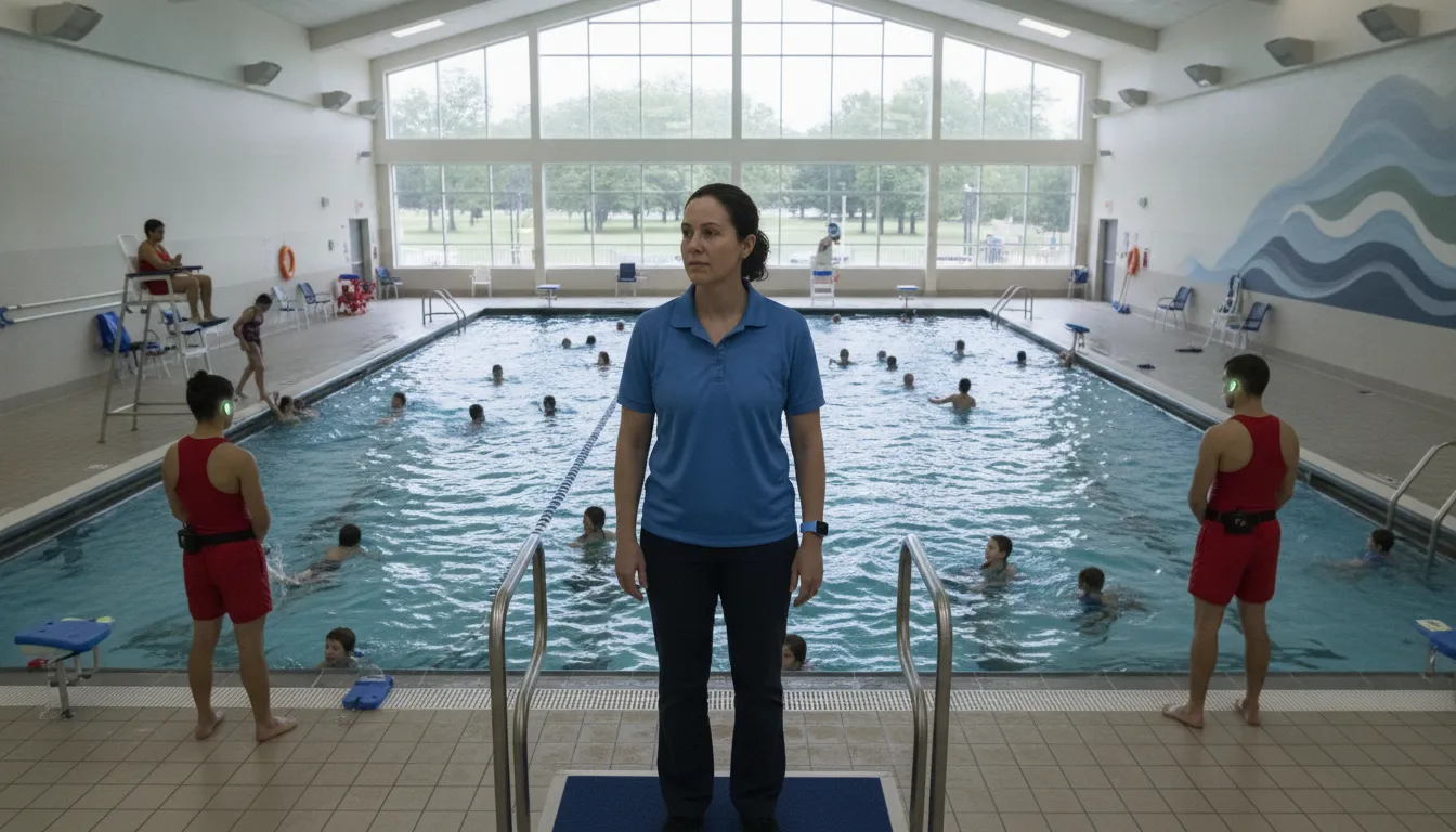 Aquatics staff monitoring a pool with drowning detection technology