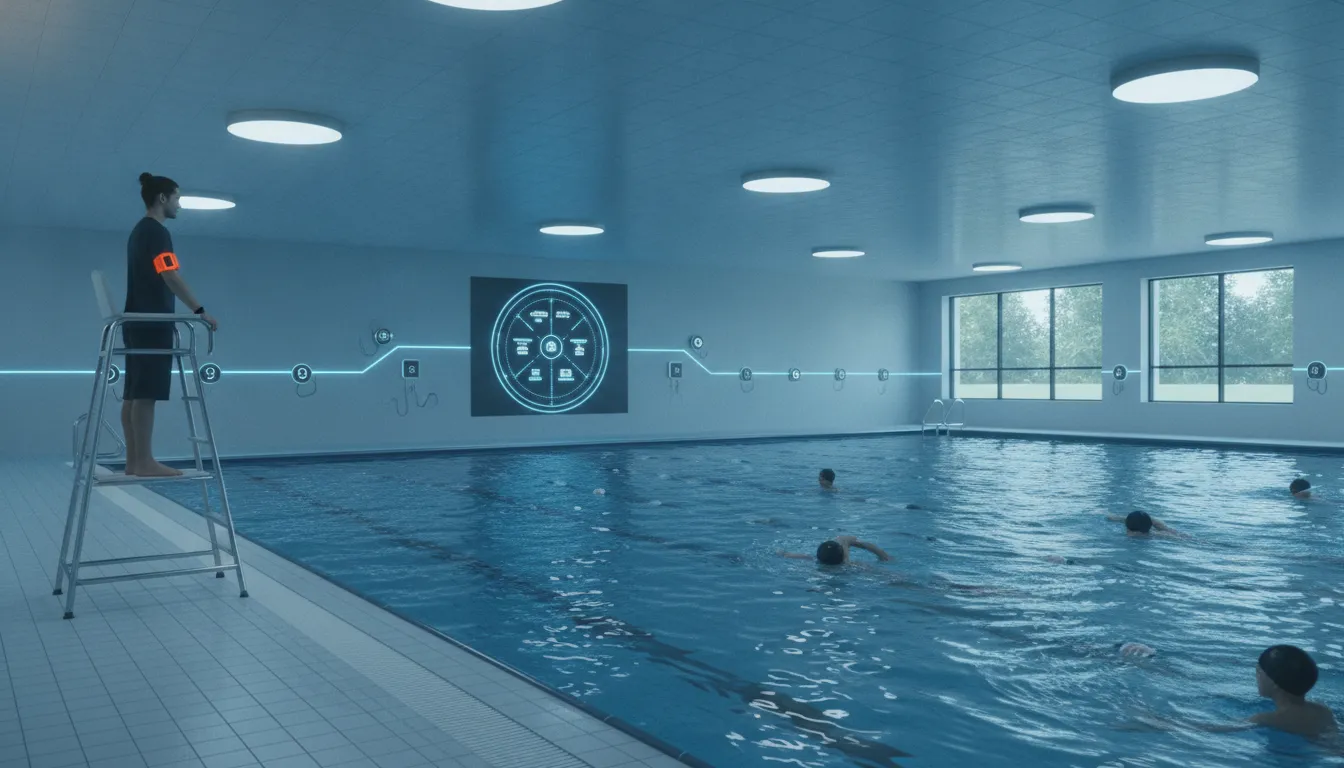 Lifeguard supervising students in a school swimming pool