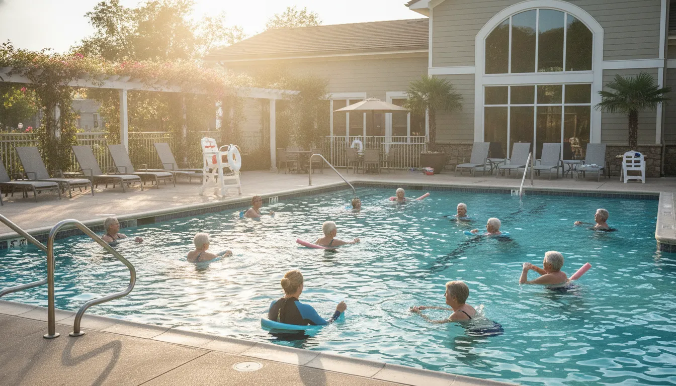 Senior citizens swimming in a community pool with safety equipment and warm sunlight