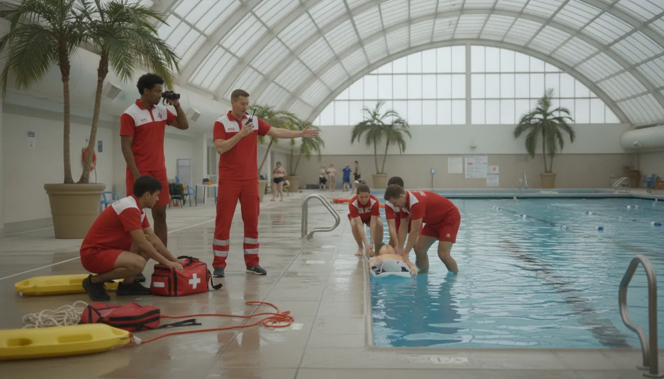 Aquatic safety team practicing a pool-deck emergency response drill