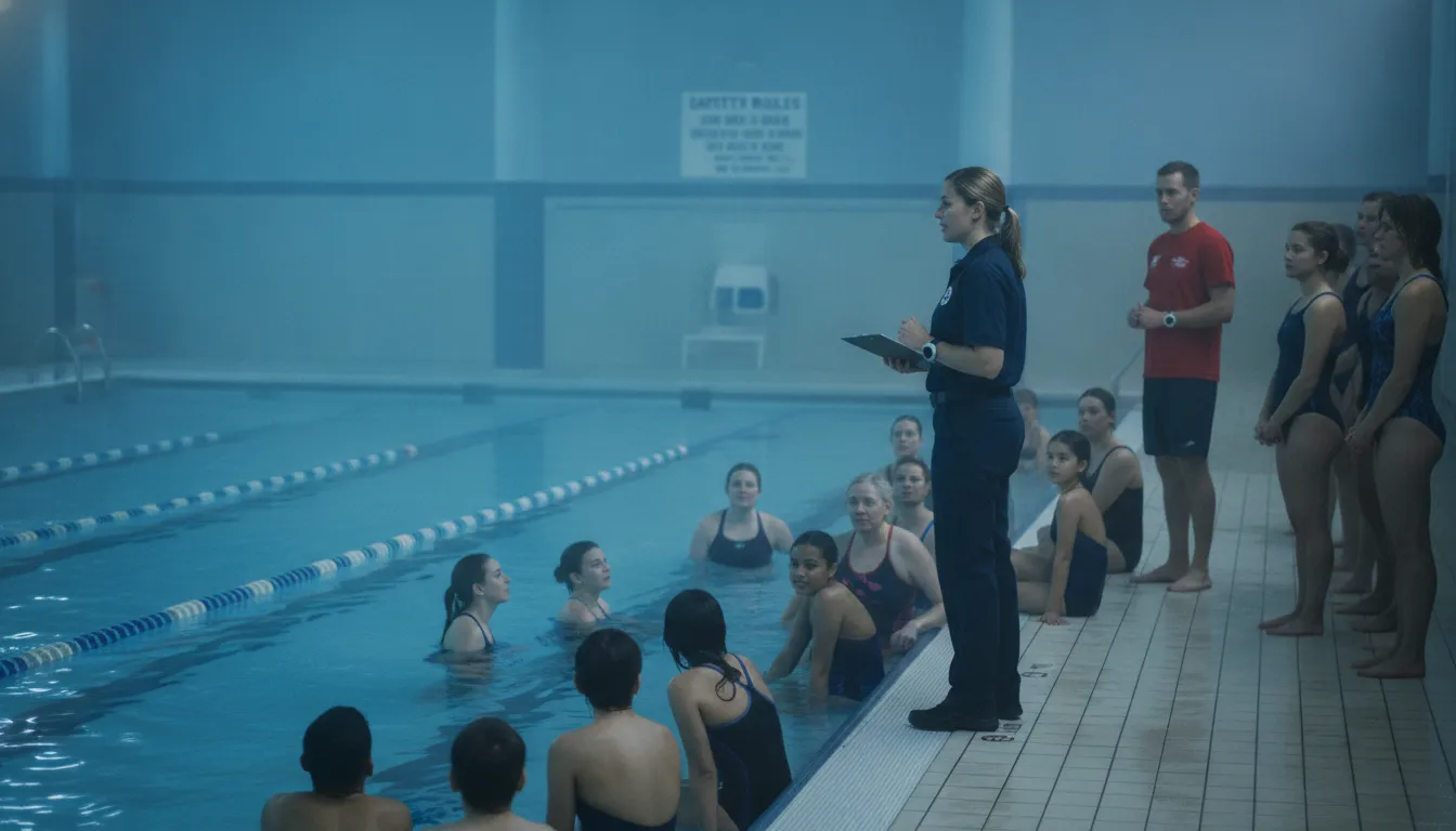Aquatic safety professional monitoring swimmers during a pool briefing
