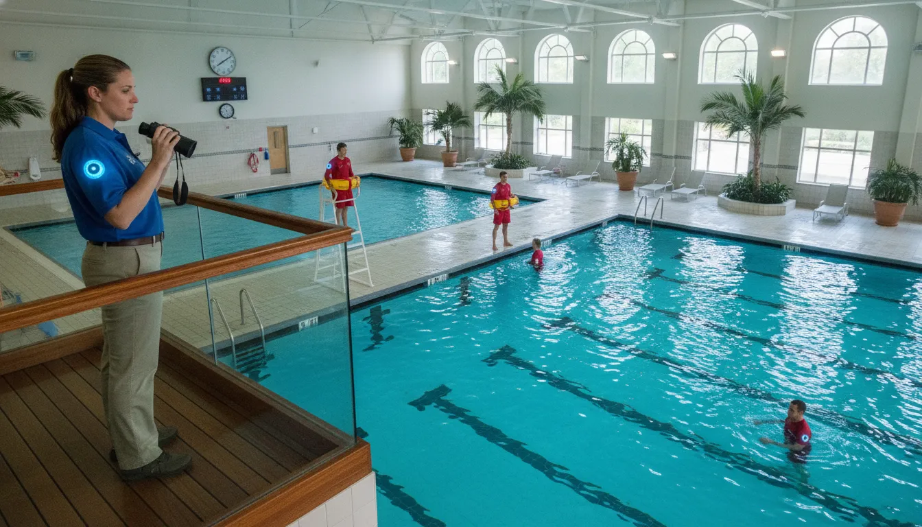 Aquatics director observing a professional lifeguard team at an indoor community pool
