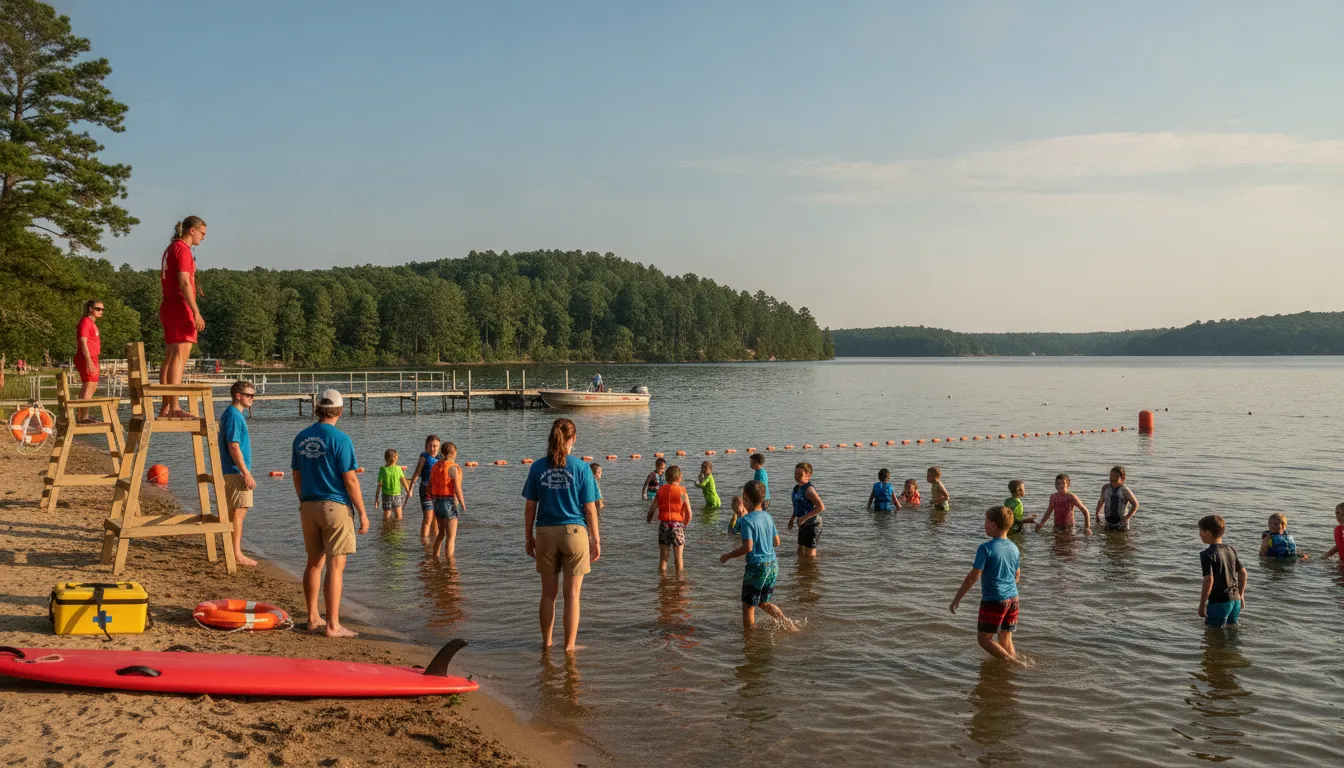 Camp staff supervising a lake waterfront