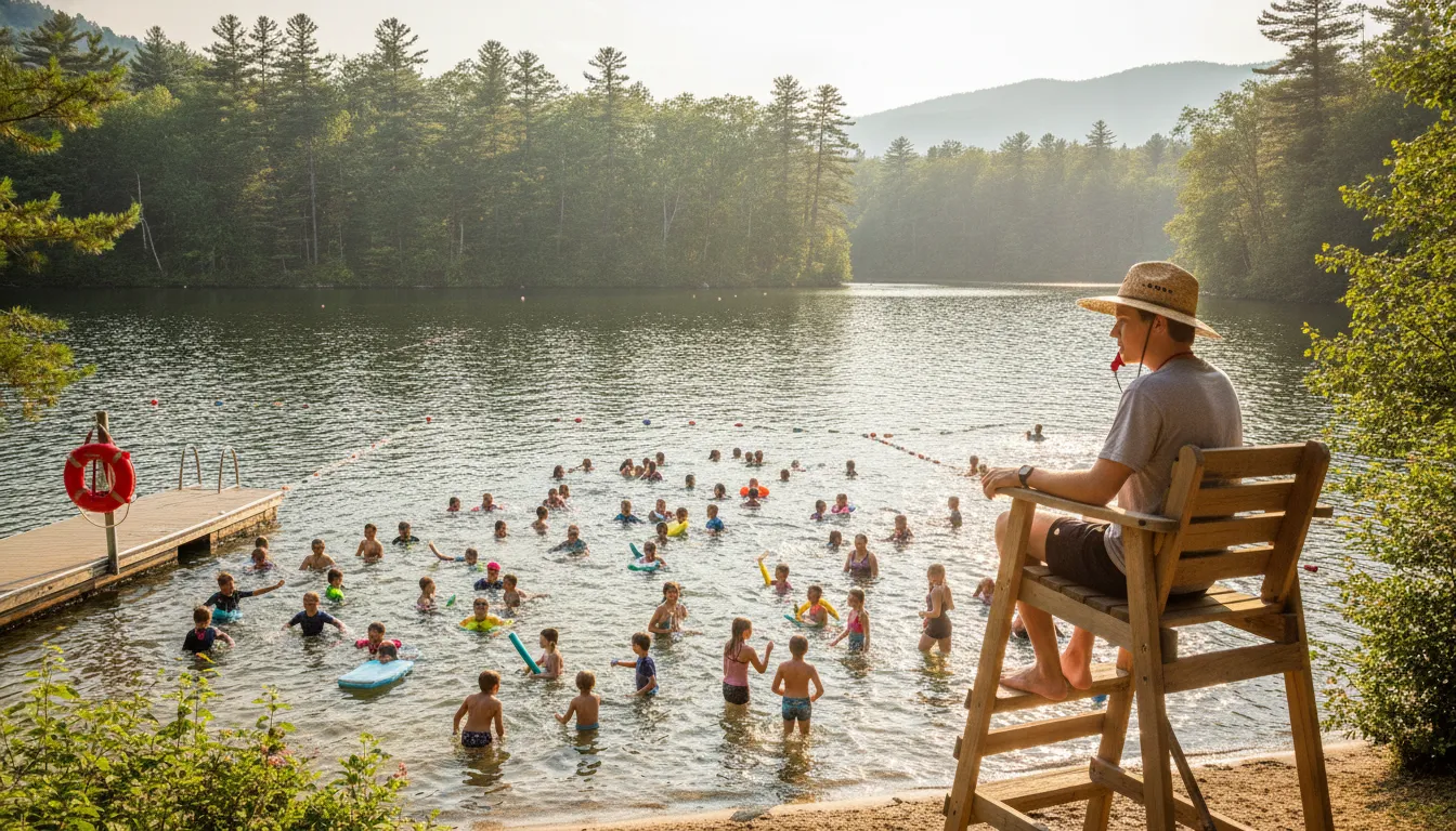 Lifeguard supervising campers swimming at a summer camp lake