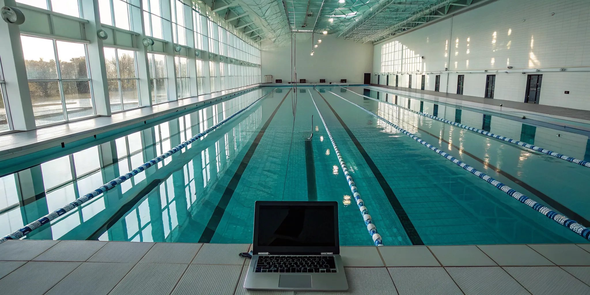 Reviewing the cost of a swimmer monitoring system on a laptop by the pool.