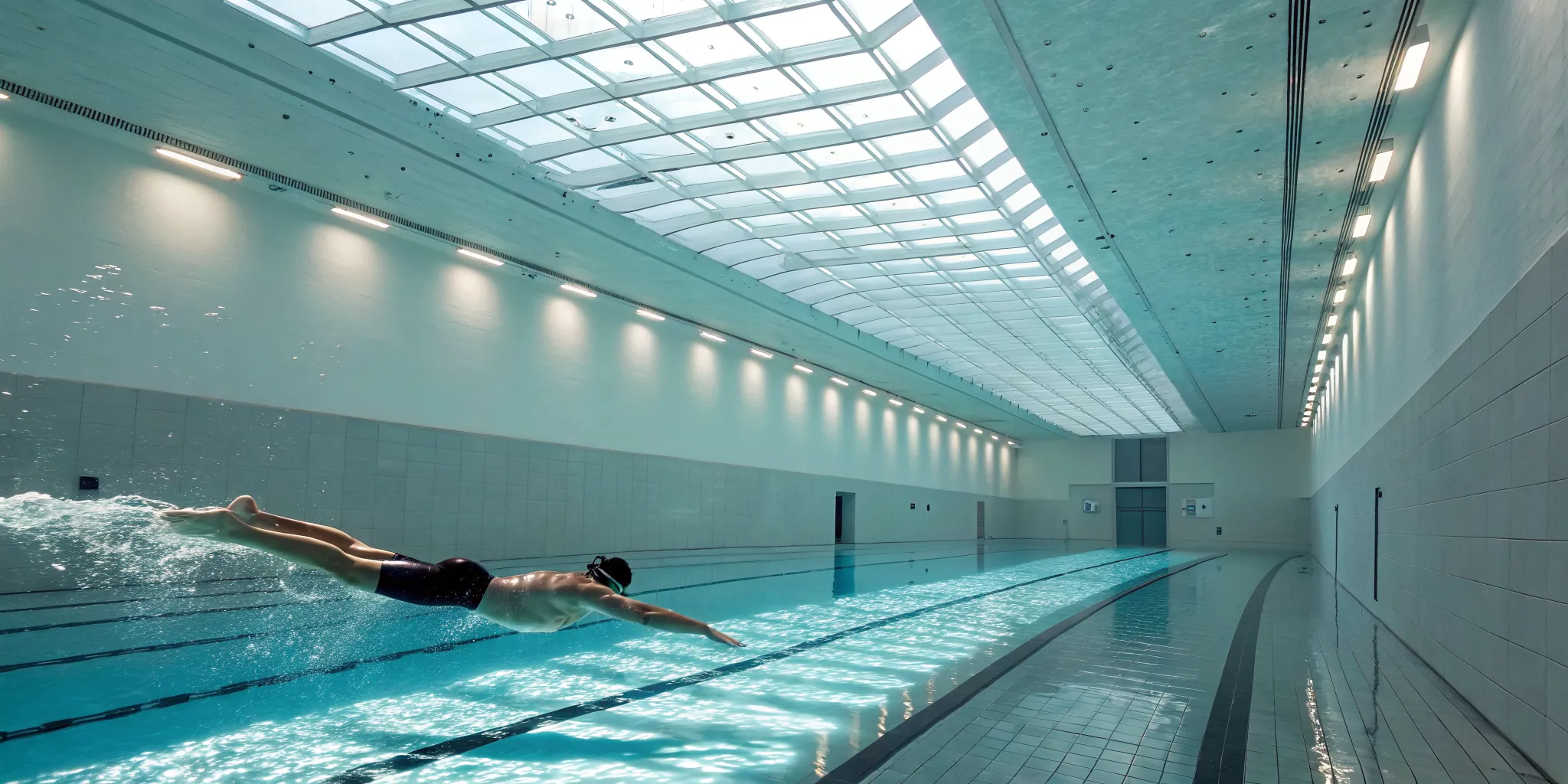 A swimmer in a pool being tracked by advanced swimmer monitoring technology.