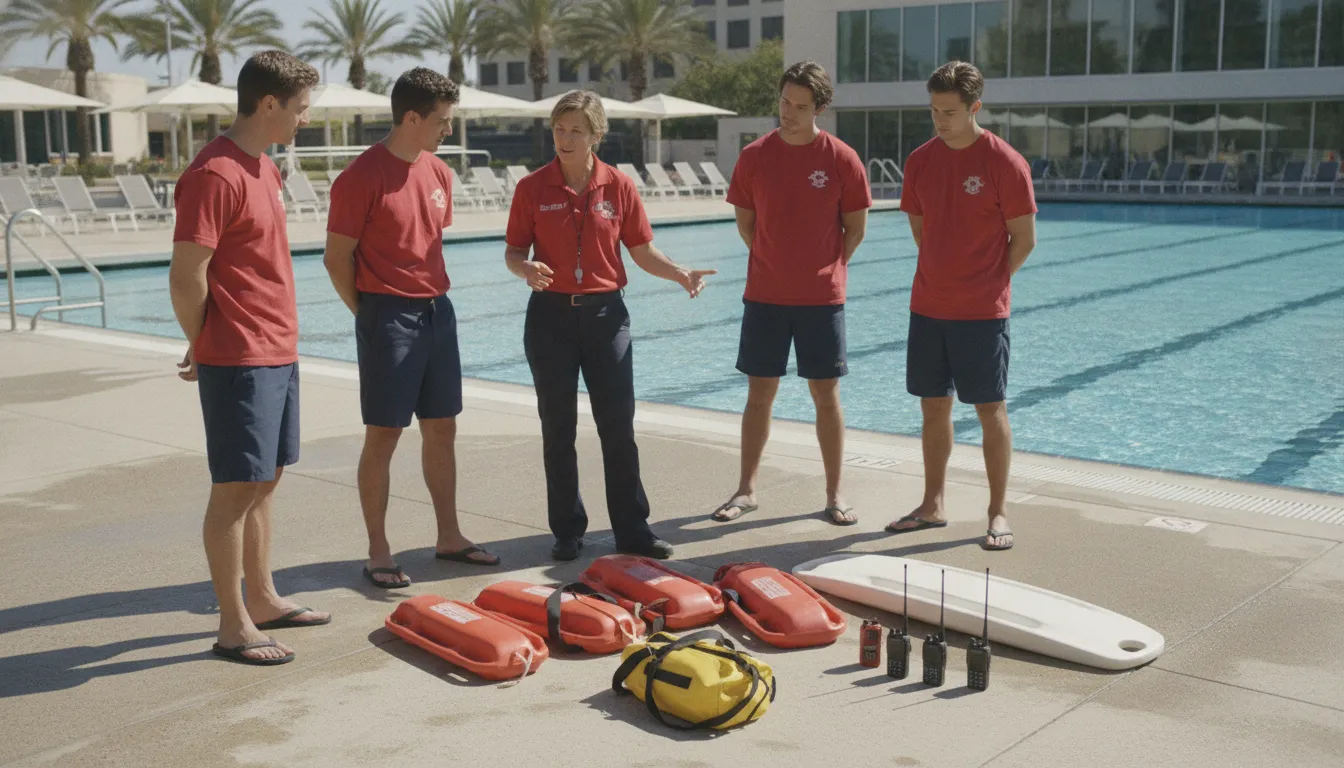 Aquatics director reviewing pool safety equipment with lifeguard team