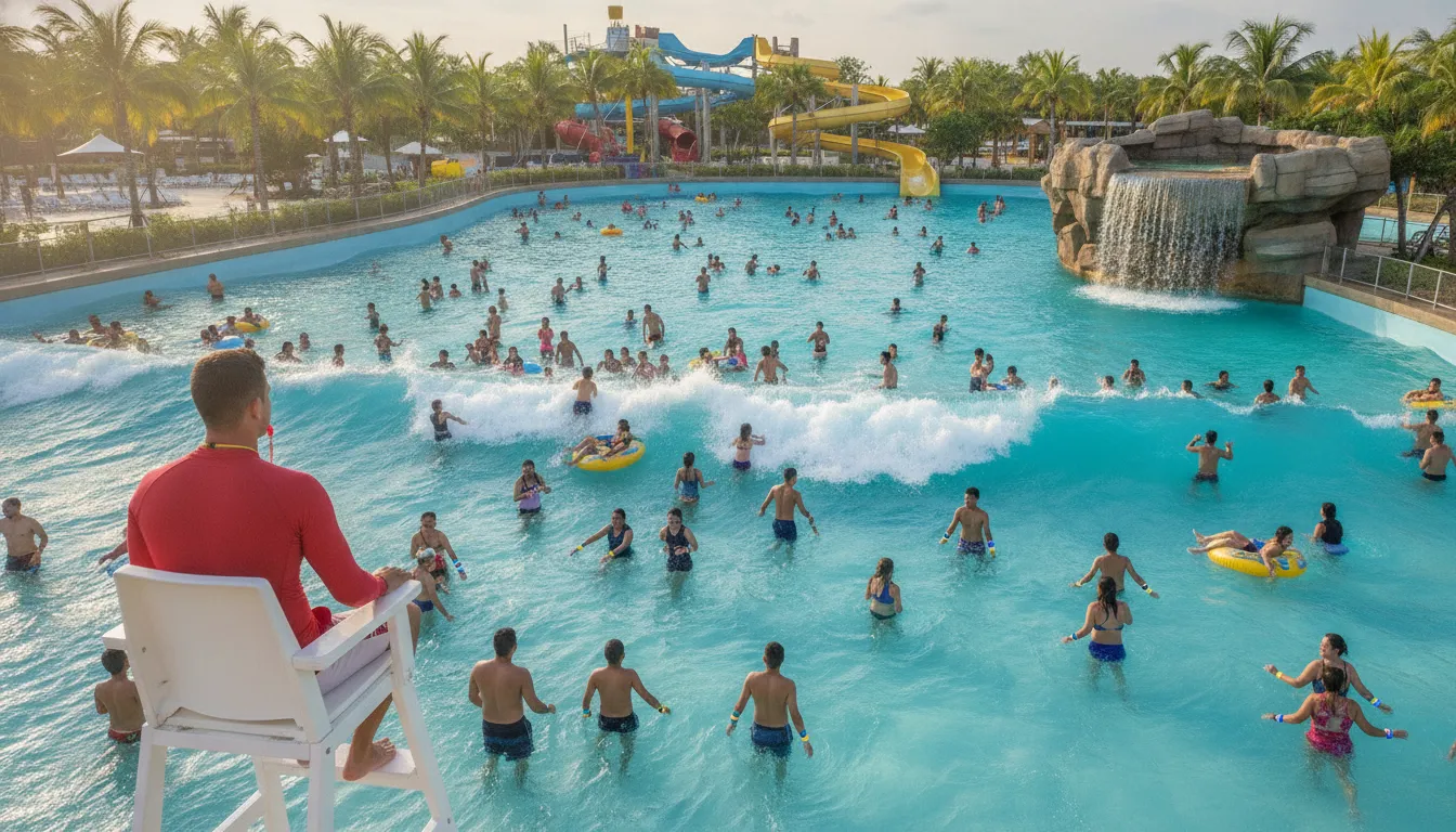 Lifeguard supervising swimmers wearing AquaSense wristbands in a busy waterpark wave pool