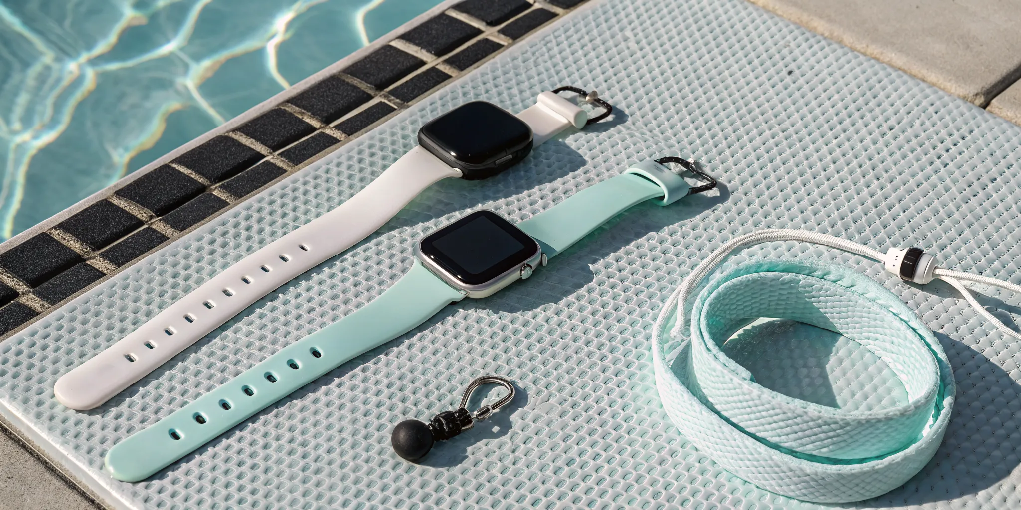 A selection of anti-drowning wearable sensors and wristbands displayed next to a pool.