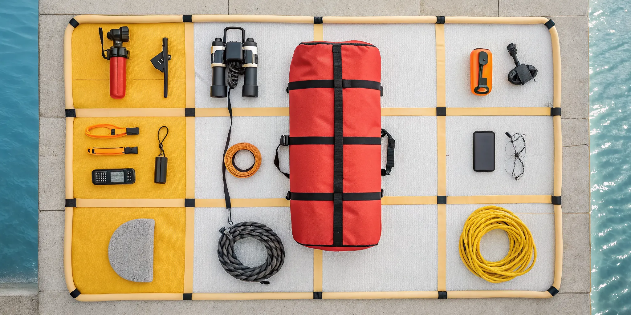 Lifeguard support system featuring tech devices and traditional safety equipment by a pool.