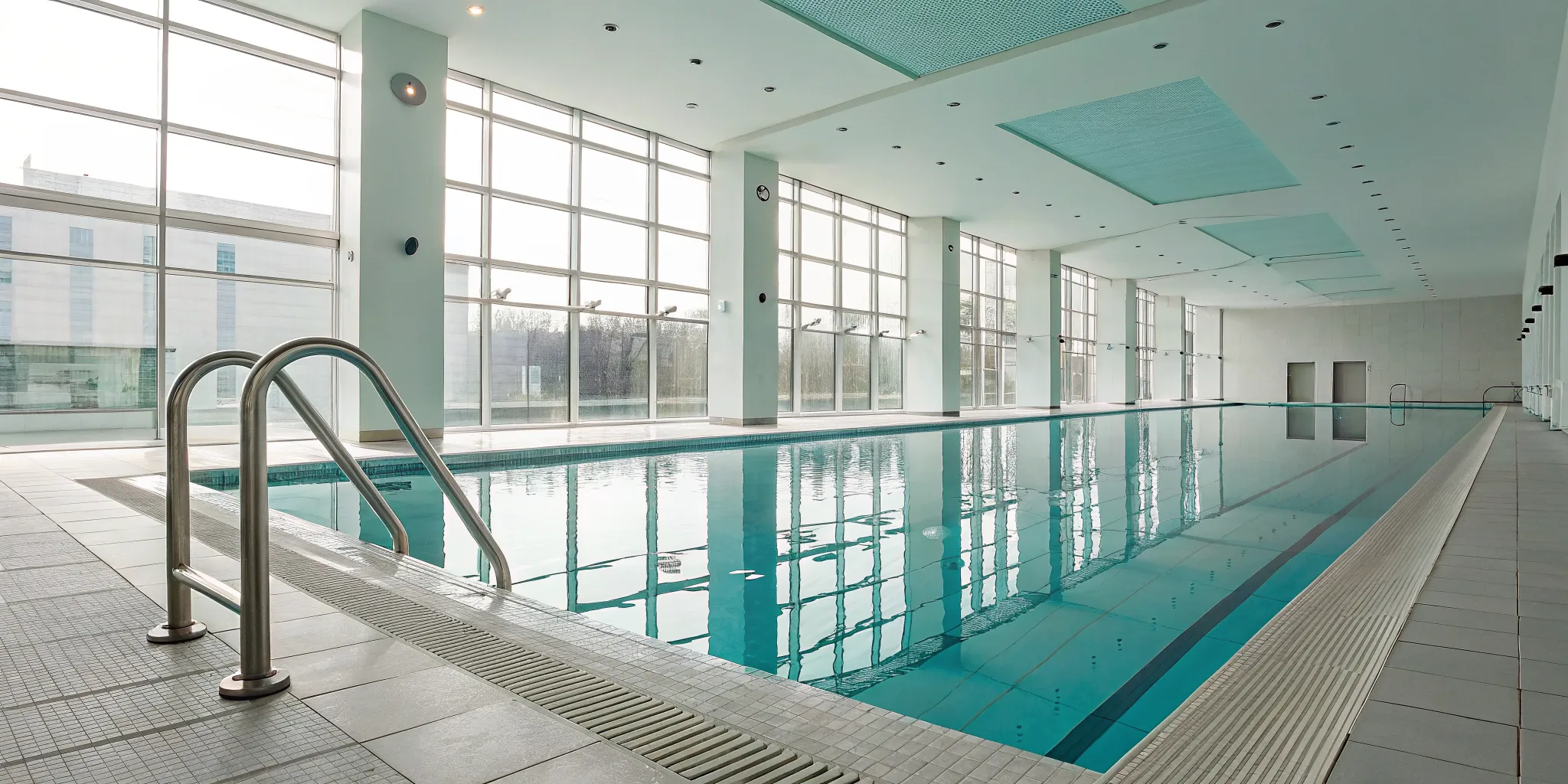 Indoor swimming pool with an AI drowning detection system monitoring for safety.