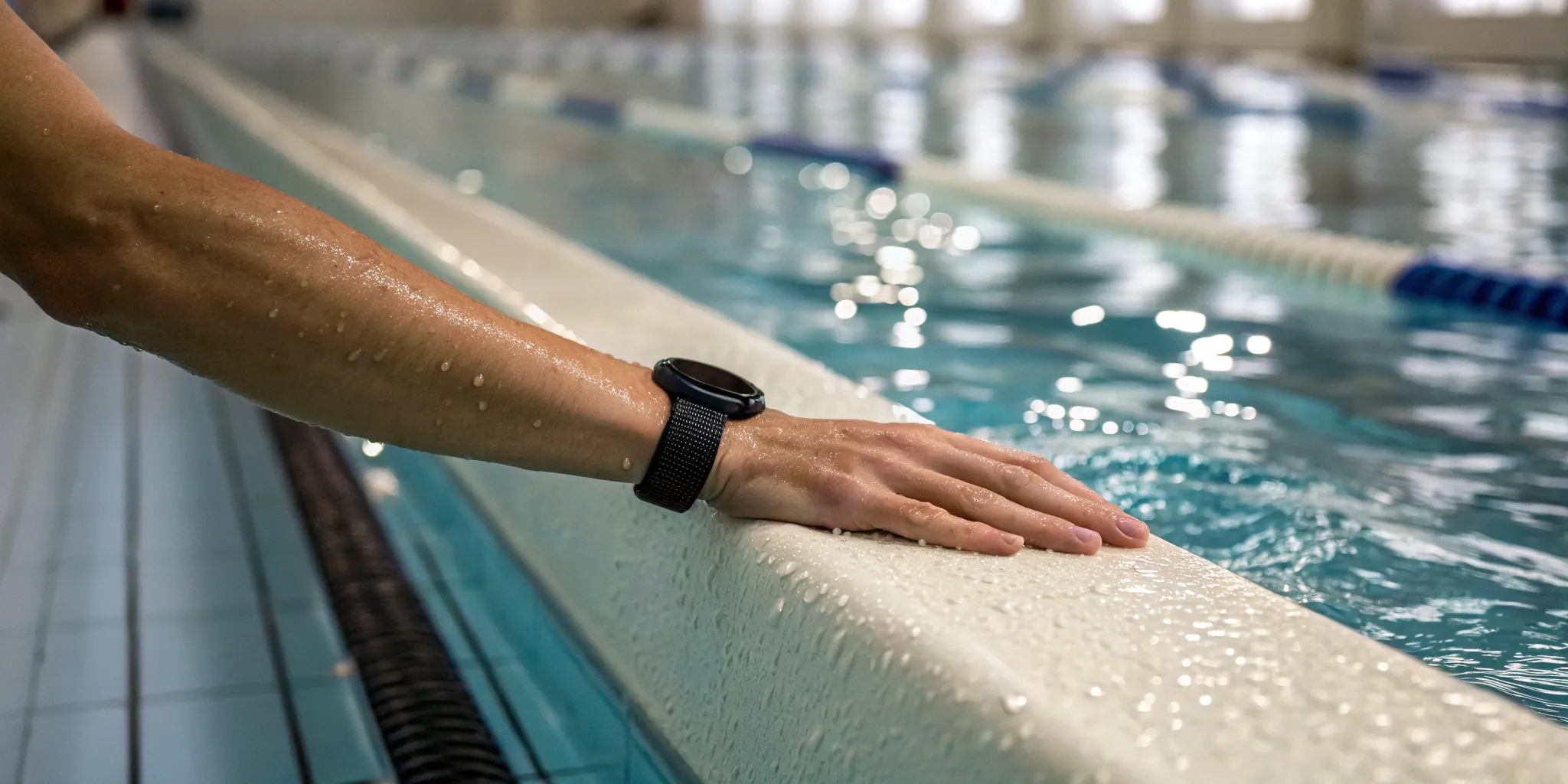 A swimmer wearing a wearable drowning sensor on their wrist by the pool.