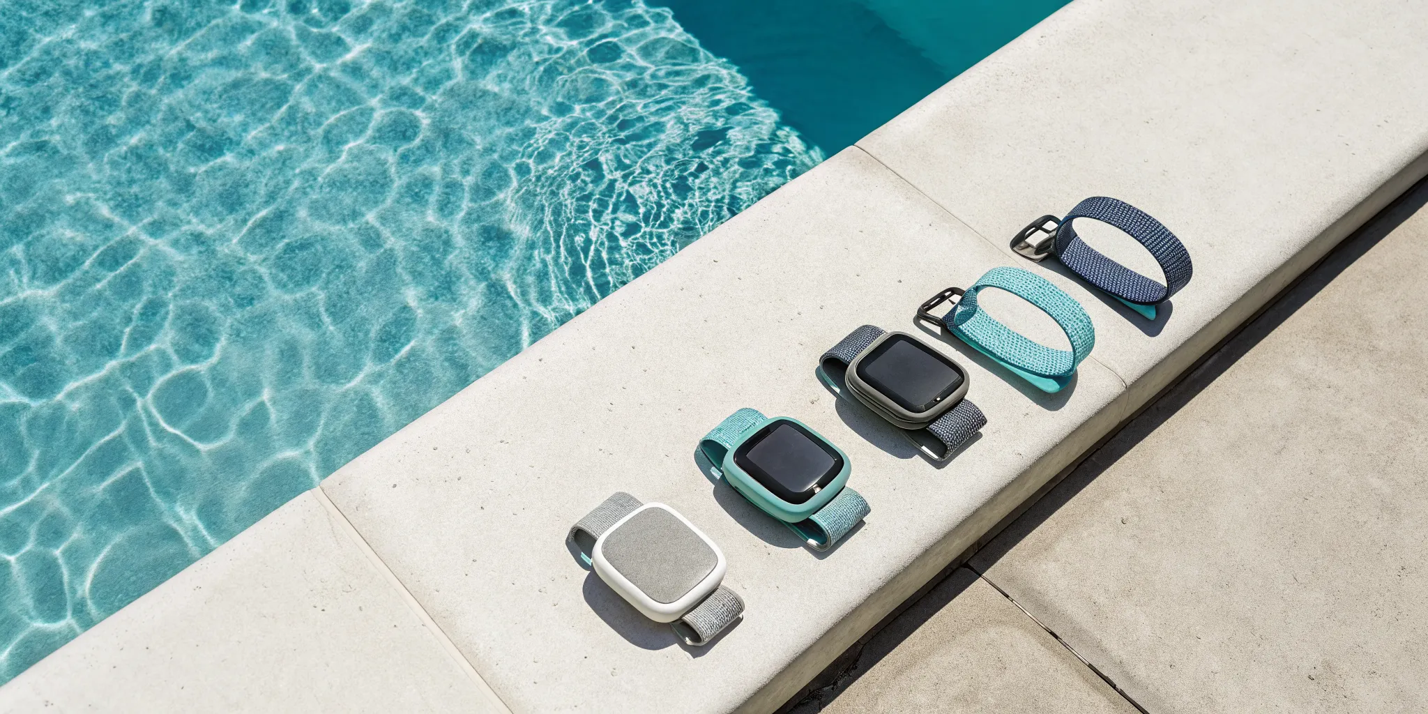 A row of colorful wearable swimming safety devices on the edge of a pool.