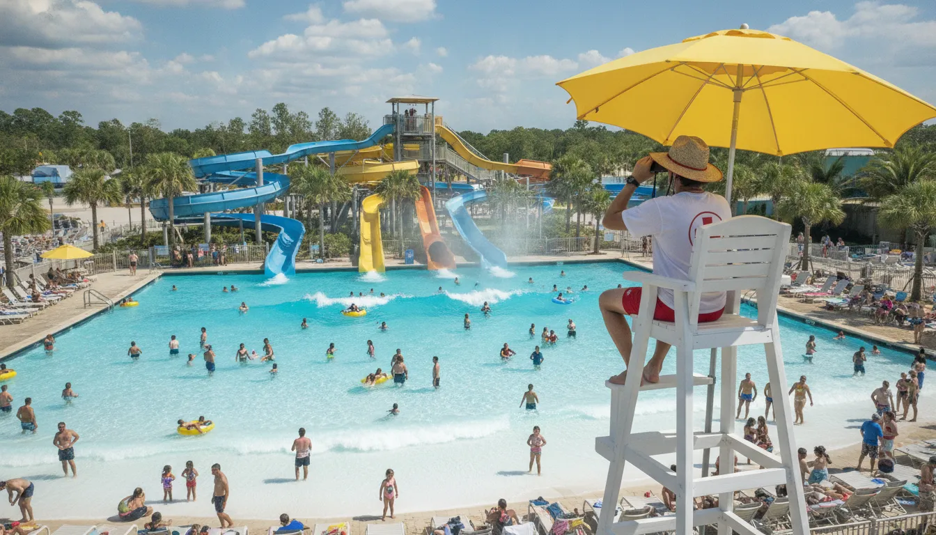 Lifeguard watching over a busy water park with water slides and wave pool in background