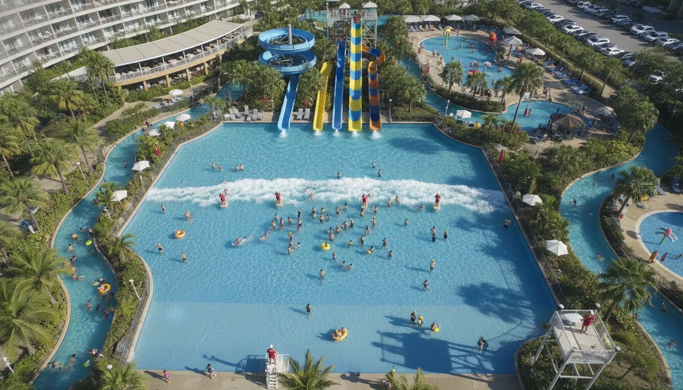 Aerial view of a busy water park with wave pools and swimmers wearing wearable safety technology