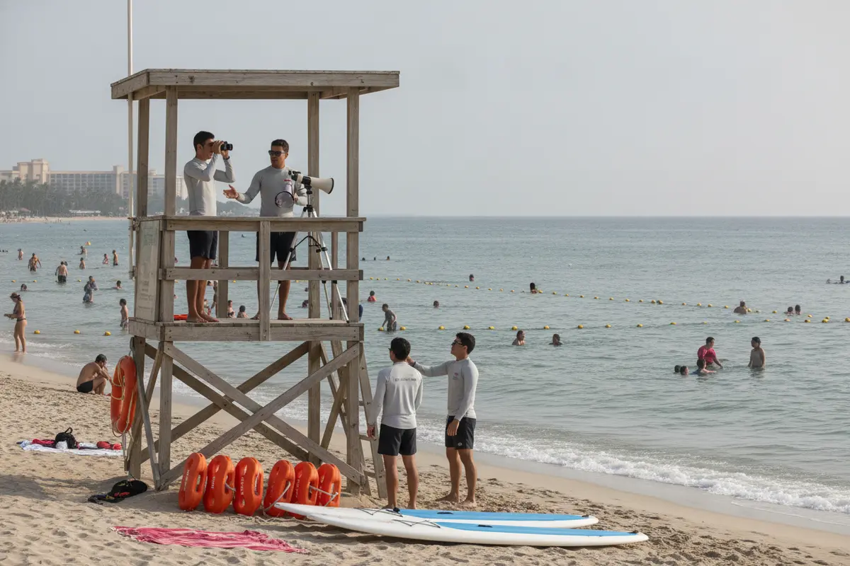 Waterfront staff coordinating beach supervision beside a marked swimming area