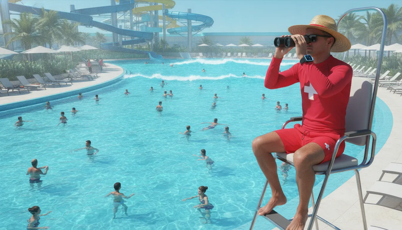 A lifeguard overlooking swimmers in a bright water park pool