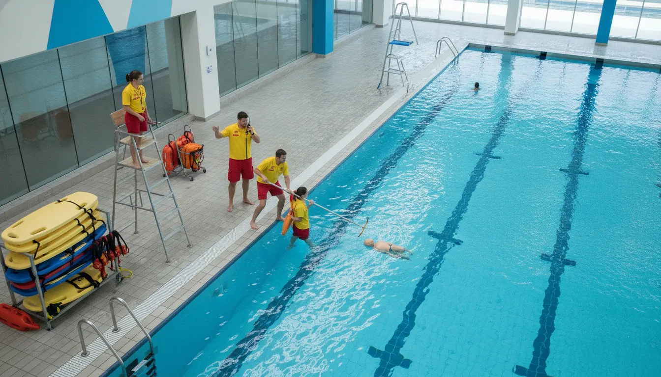 Lifeguard team practicing a coordinated aquatic emergency response drill