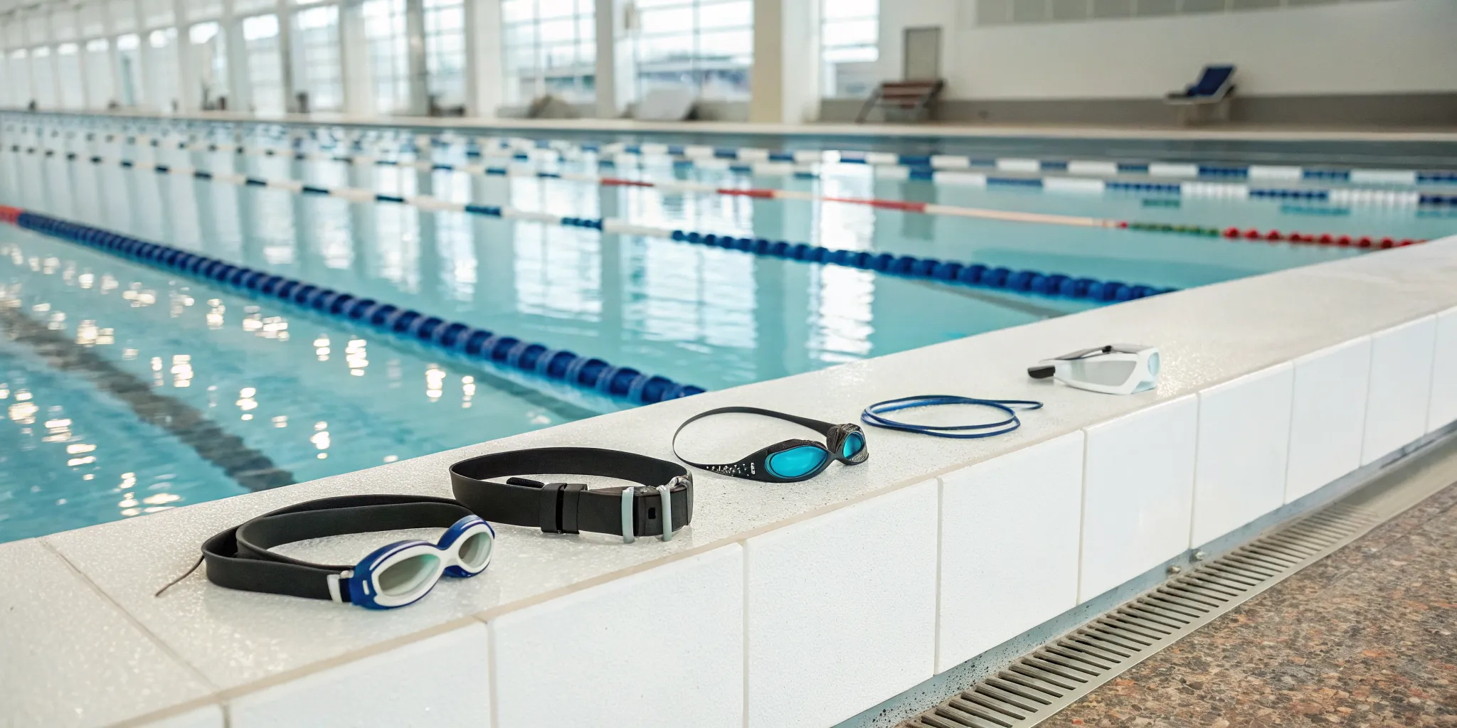 Wearable sensors for swimmer monitoring on poolside, including goggles and trackers.