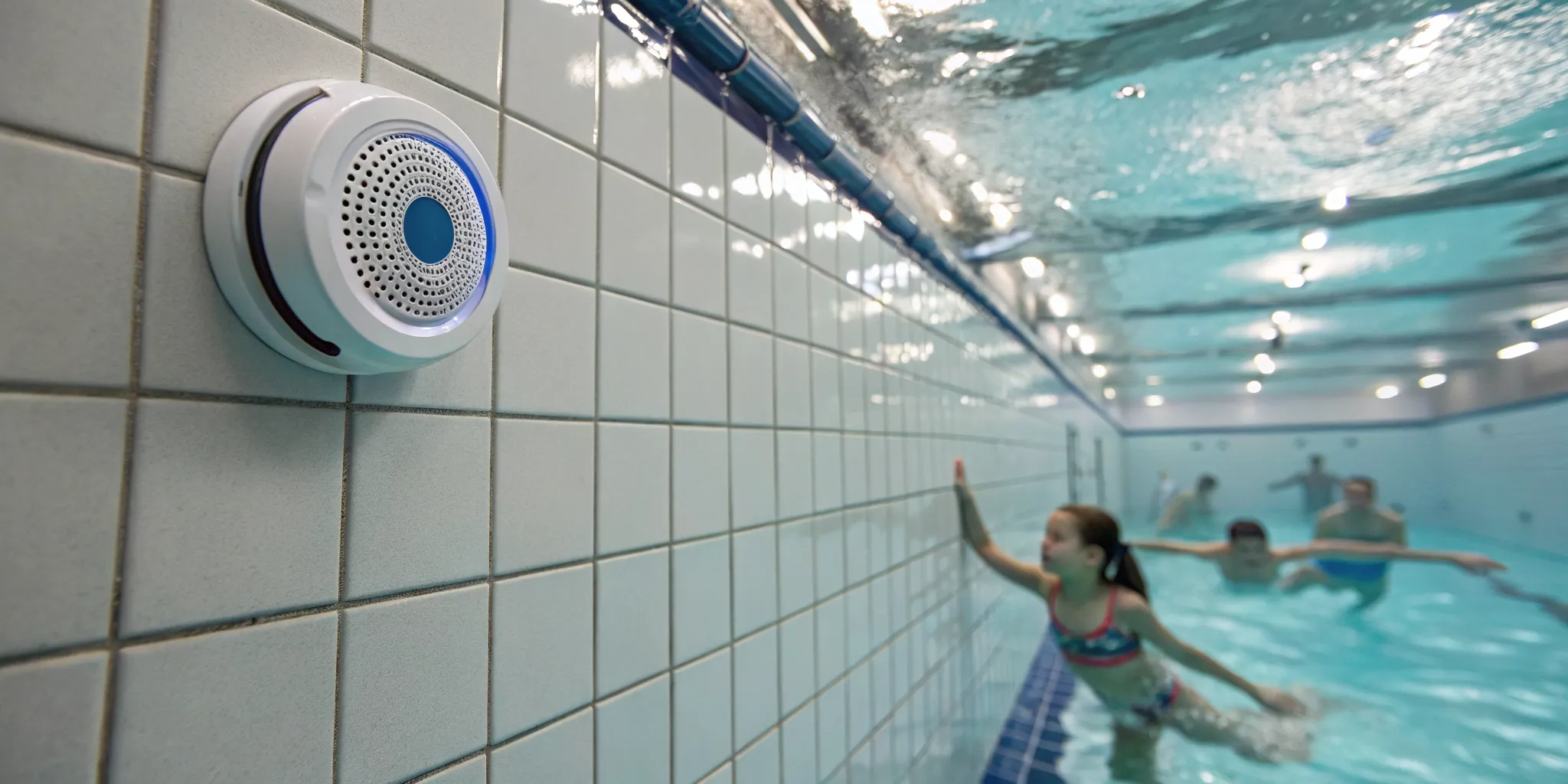 A drowning sensor for swimmers mounted on the wall of a community pool.