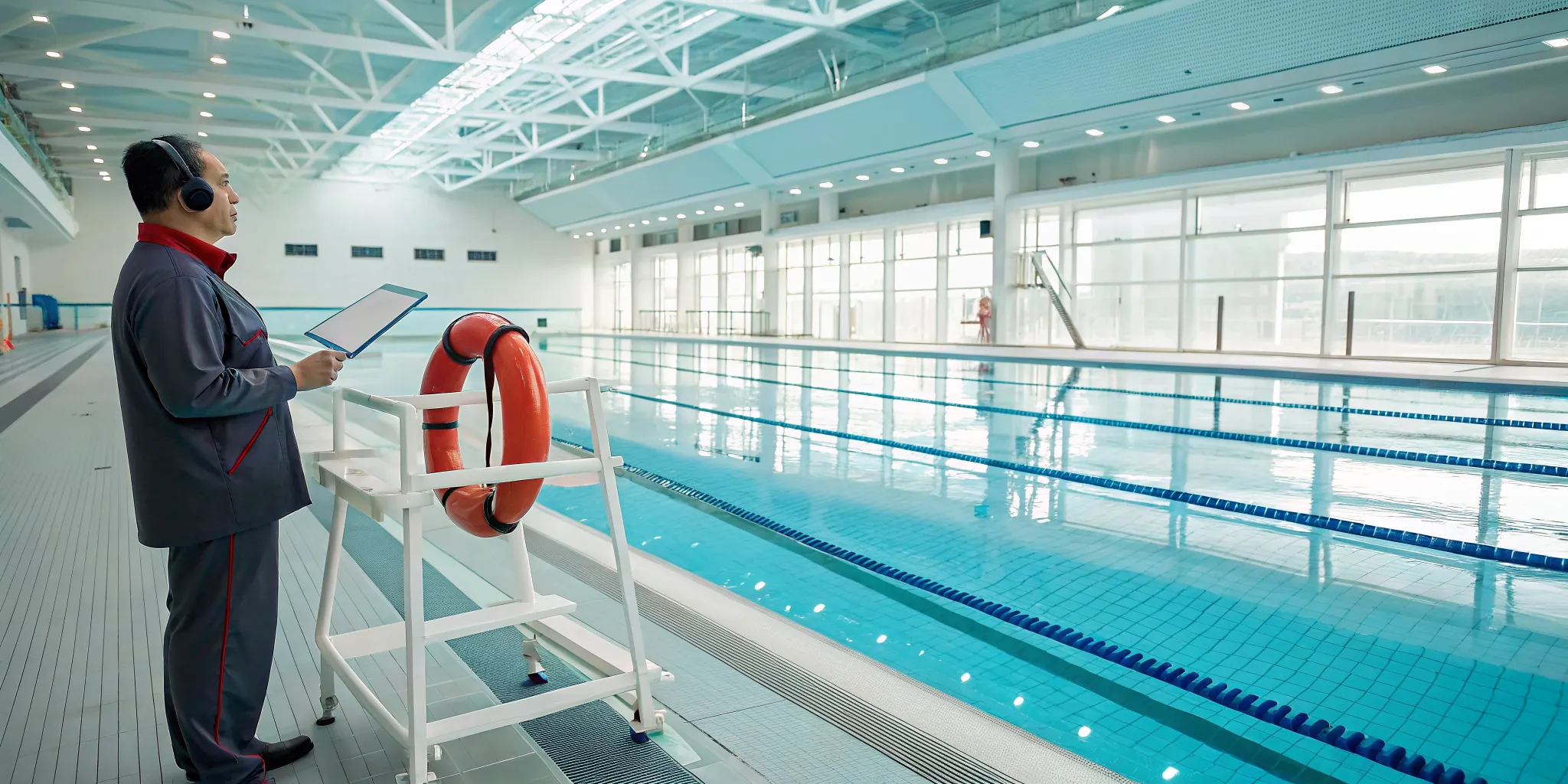 Lifeguard using a support system at an indoor pool for drowning prevention.
