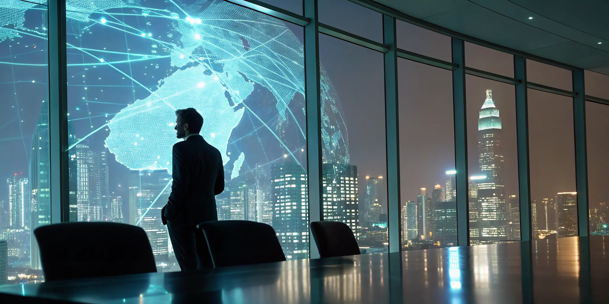 A businessman using a strategic early warning system to analyze data over a city skyline.