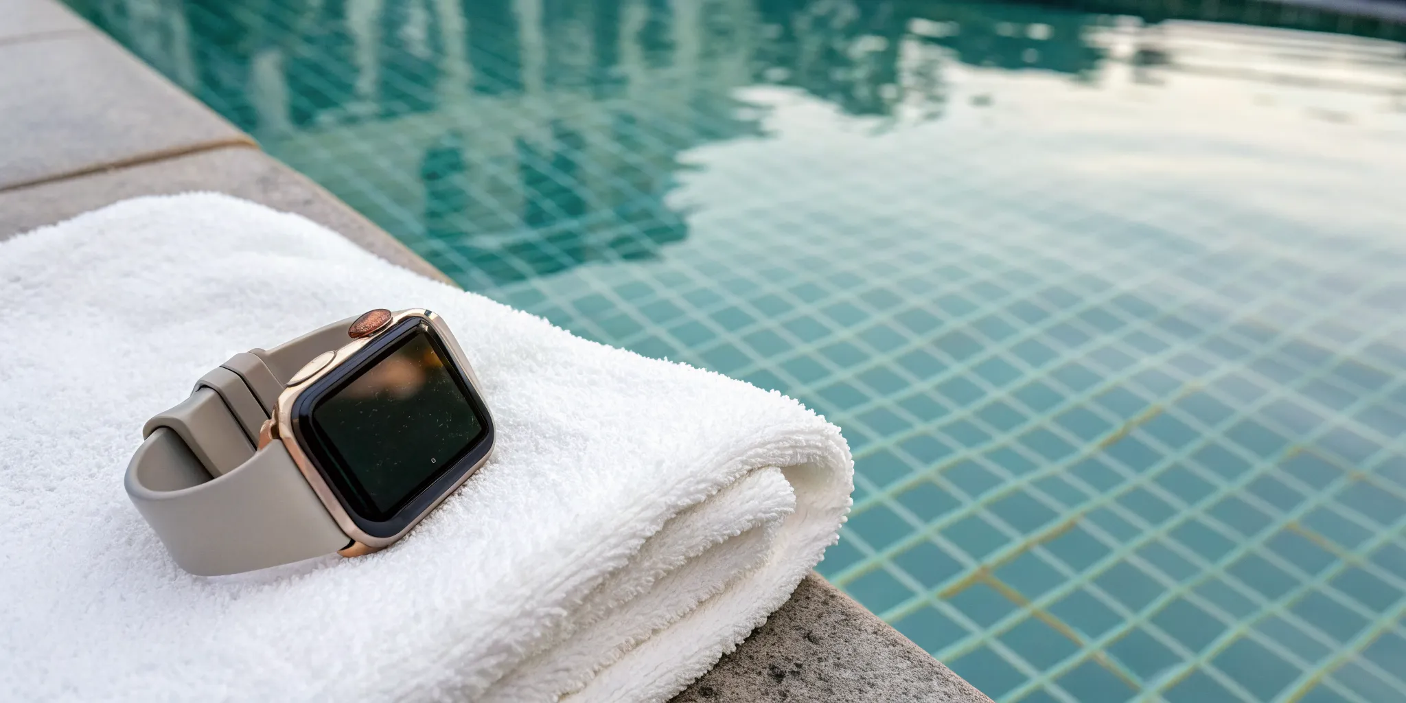A wearable submersion alert device, in the form of a smartwatch, rests on a towel by a pool.
