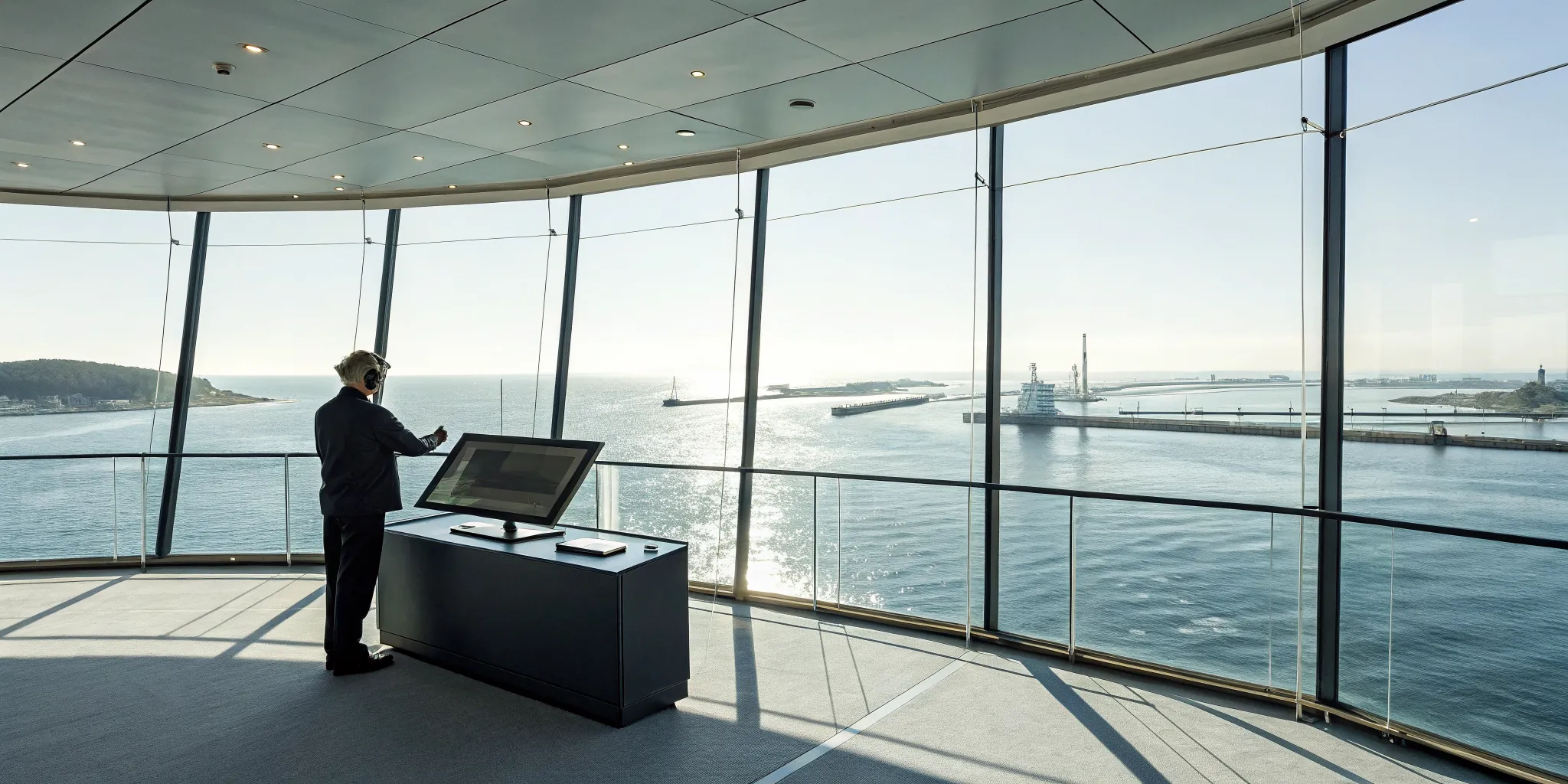 A control room with aquatic risk management technology monitoring water conditions and swimmer safety.