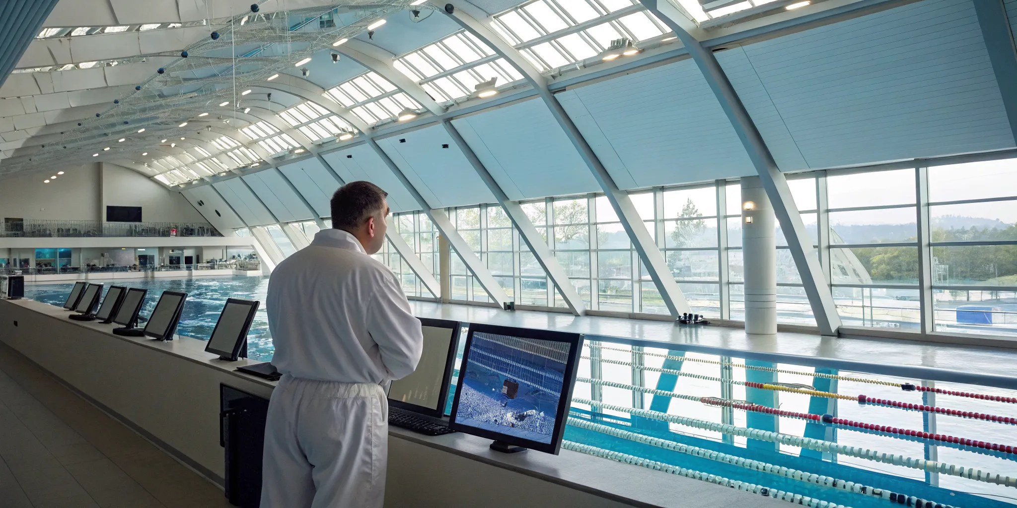 A lifeguard assisted by drowning detection technology monitors swimmers on a screen.