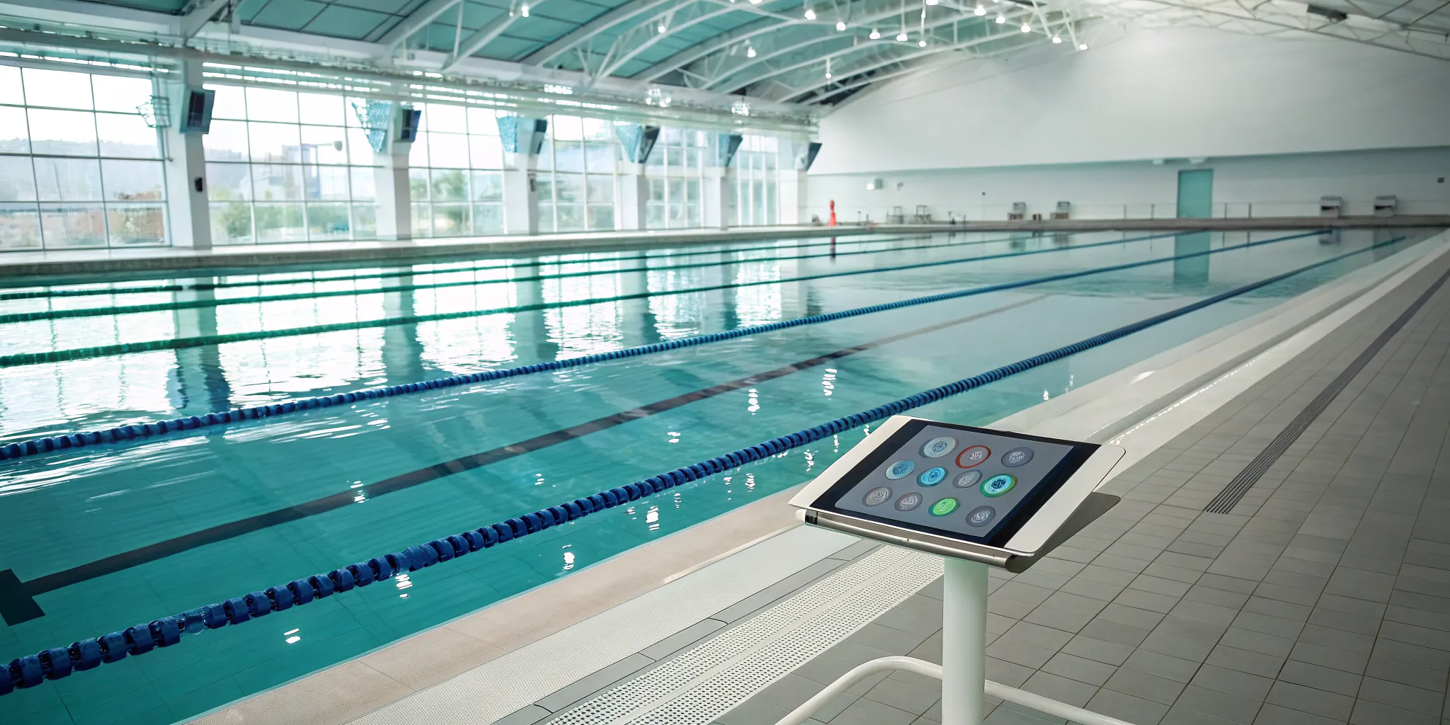 Poolside touchscreen for real-time swimmer submersion monitoring.