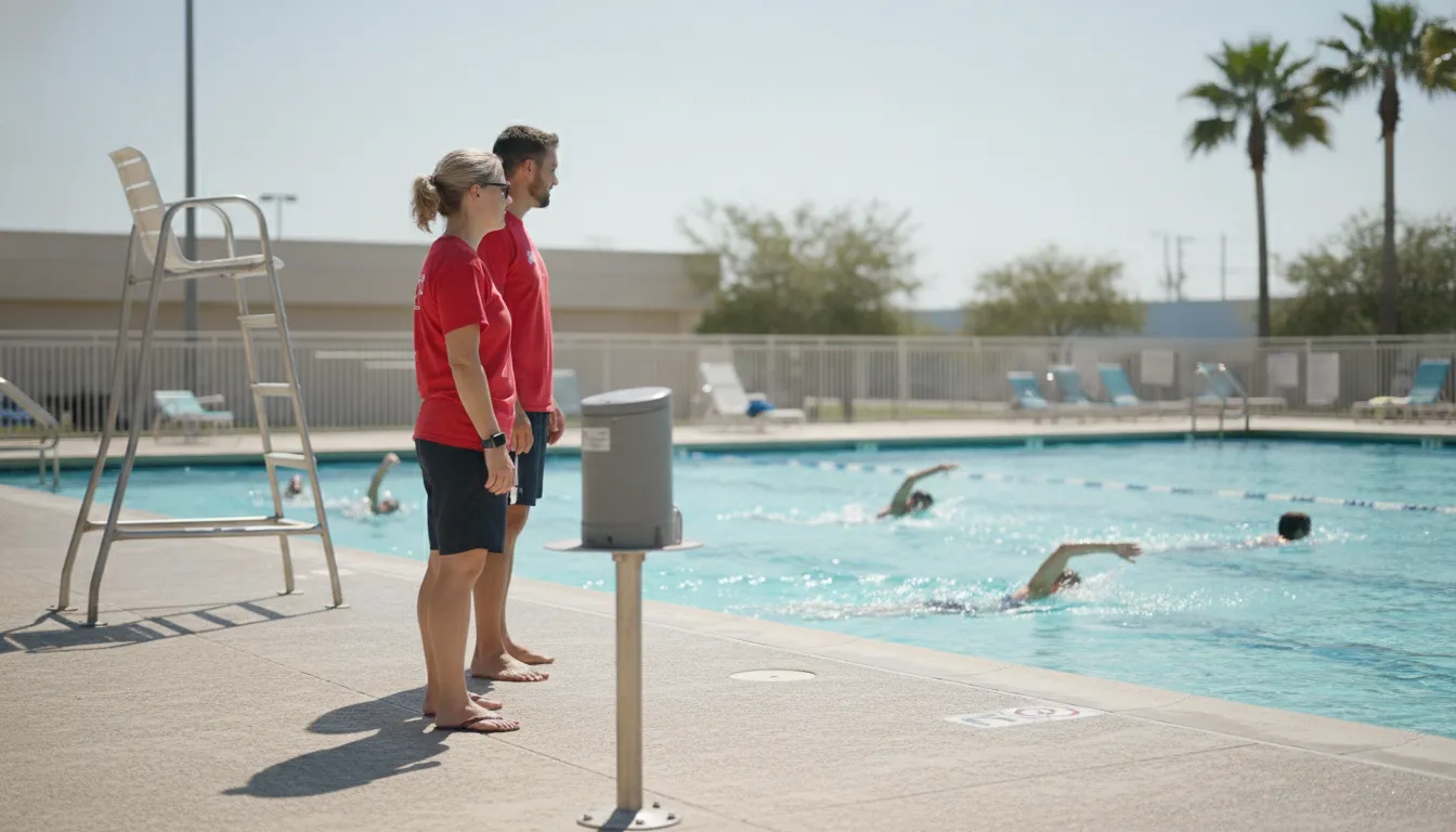 Two lifeguards watch swimmers at an outdoor pool beside a portable wireless communications hub