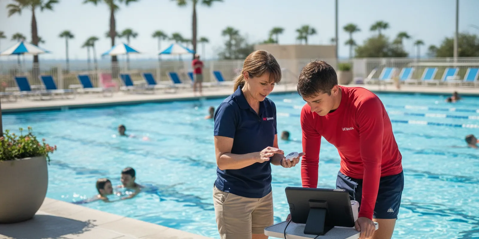 Aquatics staff member checking a swimmer's wrist wearable beside an active community pool