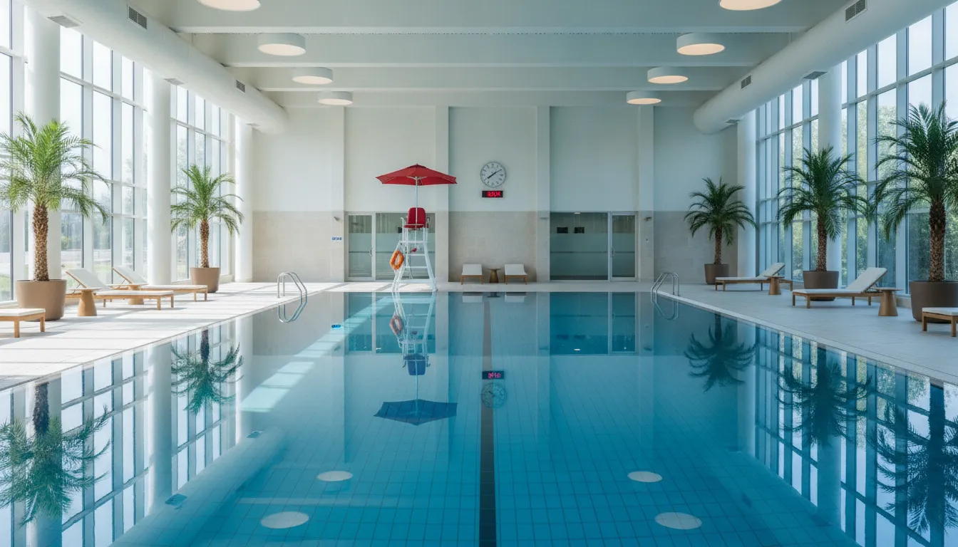 A clean modern indoor community swimming pool with crystal clear blue water, a lifeguard stand, realistic photography
