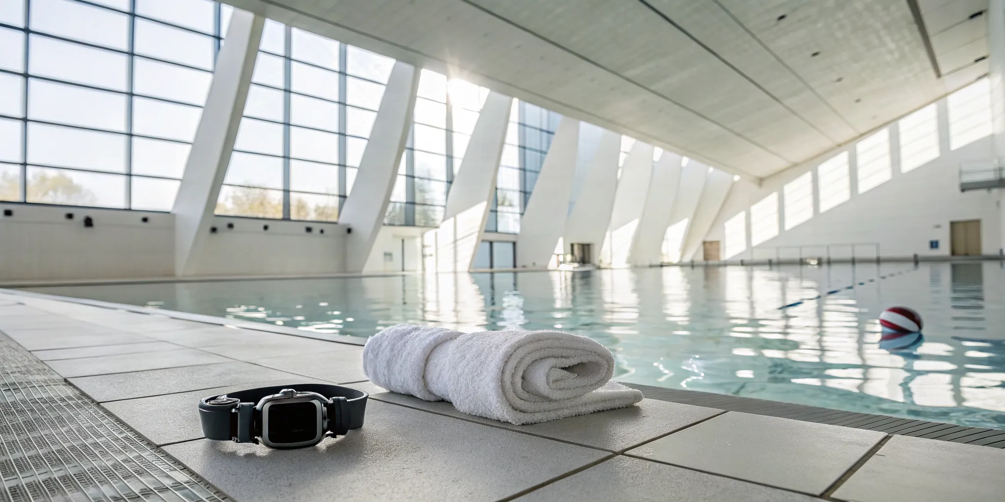 The best swimmer safety technology, a smart watch, resting on the edge of a swimming pool.