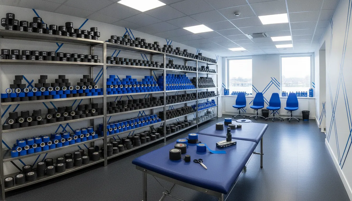 Black and blue bulk kinesiology tape rolls arranged for an athletic team