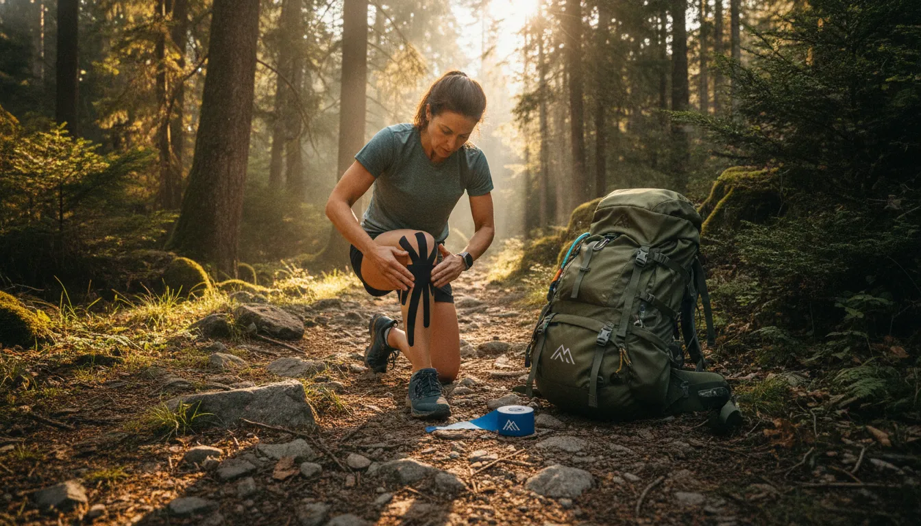 Hiker preparing and applying CBD kinesiology tape before a trail day