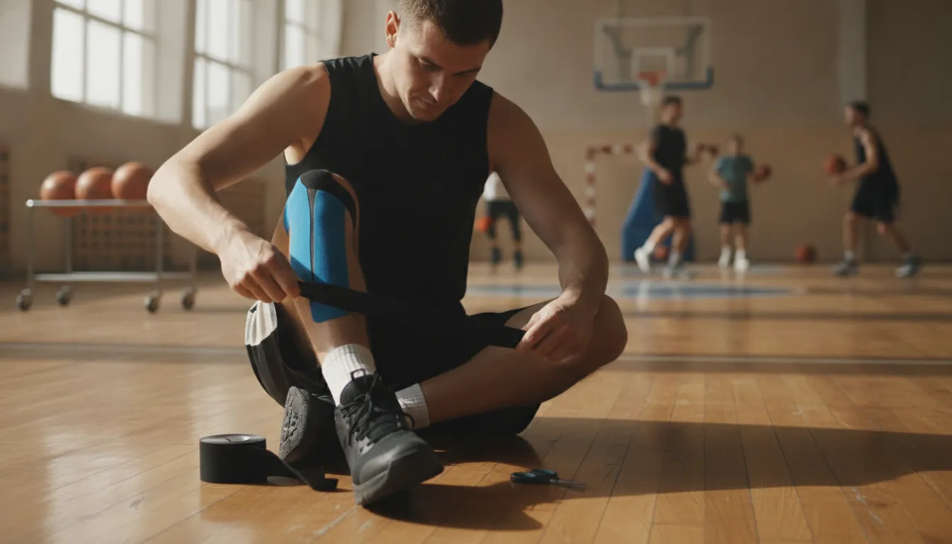 Basketball player applying kinesiology tape to knee before practice