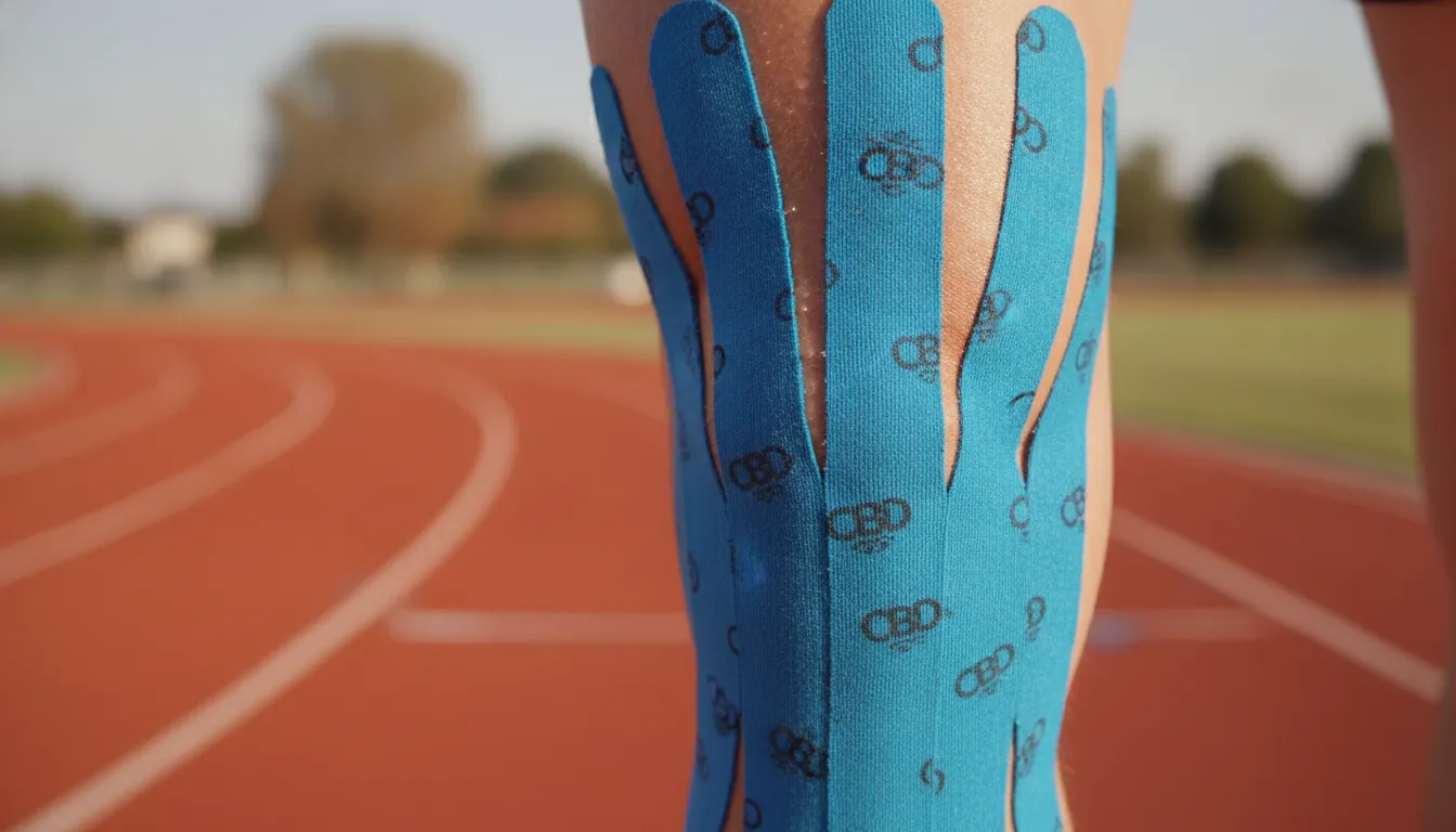 Close-up of blue CBD kinesiology tape on runner knee for recovery