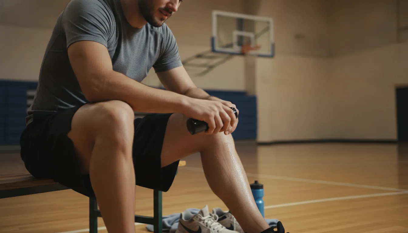 Basketball player using recovery roll-on on calf after a game
