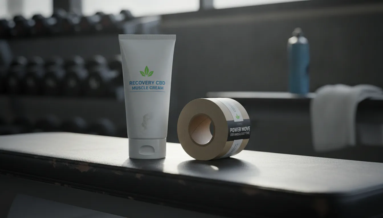 CBD muscle cream tube and CBD kinesiology tape roll side by side on a gym bench