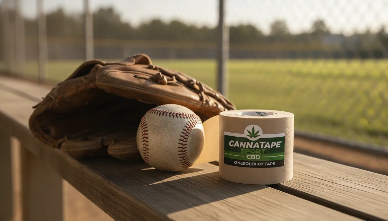 A roll of CannaTape Sport CBD Kinesiology Tape on a dugout bench next to a baseball